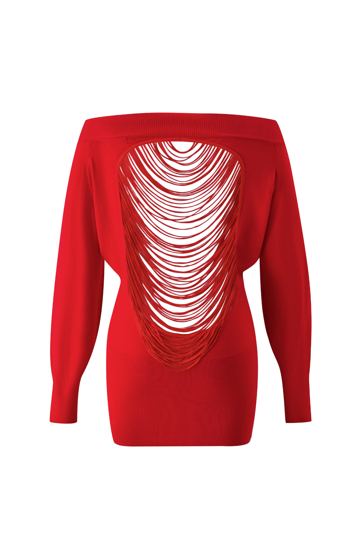 The ADRYANA KNIT DRESS - RED by I.AM.GIA is a dramatic statement piece, featuring an off-shoulder silhouette, long sleeves, and an open back detailed with multiple horizontal cut-out strings for a striking layered effect—combining the allure of an off-the-shoulder dress with the bold design elements reminiscent of a fringe dress.