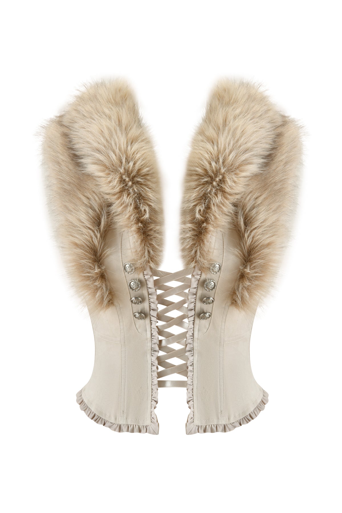 The VEYGA TOP - CREAM by I.AM.GIA is a cream faux suede lace-up corset accented with silver buttons, ruffled trim, and oversized faux fur panels on both sides, framing the upper body with a dramatic collar-inspired effect.