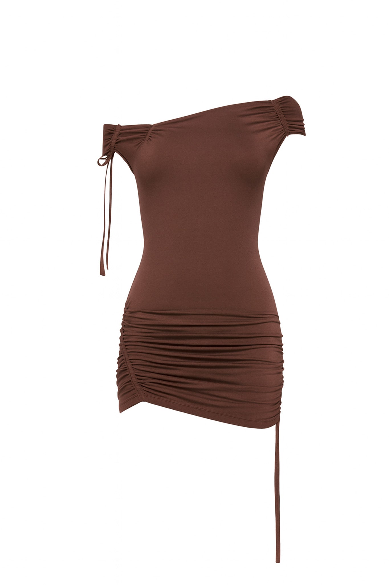 The I.AM.GIA ASHA MINI DRESS in mahogany is an off-the-shoulder, ruched jersey mini dress with adjustable drawstrings at the shoulder and hem, shown on a plain white background.