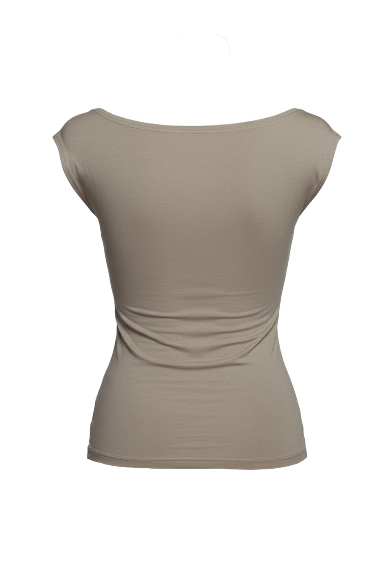 The I.AM.GIA ASHA TOP - MUSHROOM is a beige fitted women’s short sleeve top with subtle ruched detailing on the back, showcased against a plain white background.