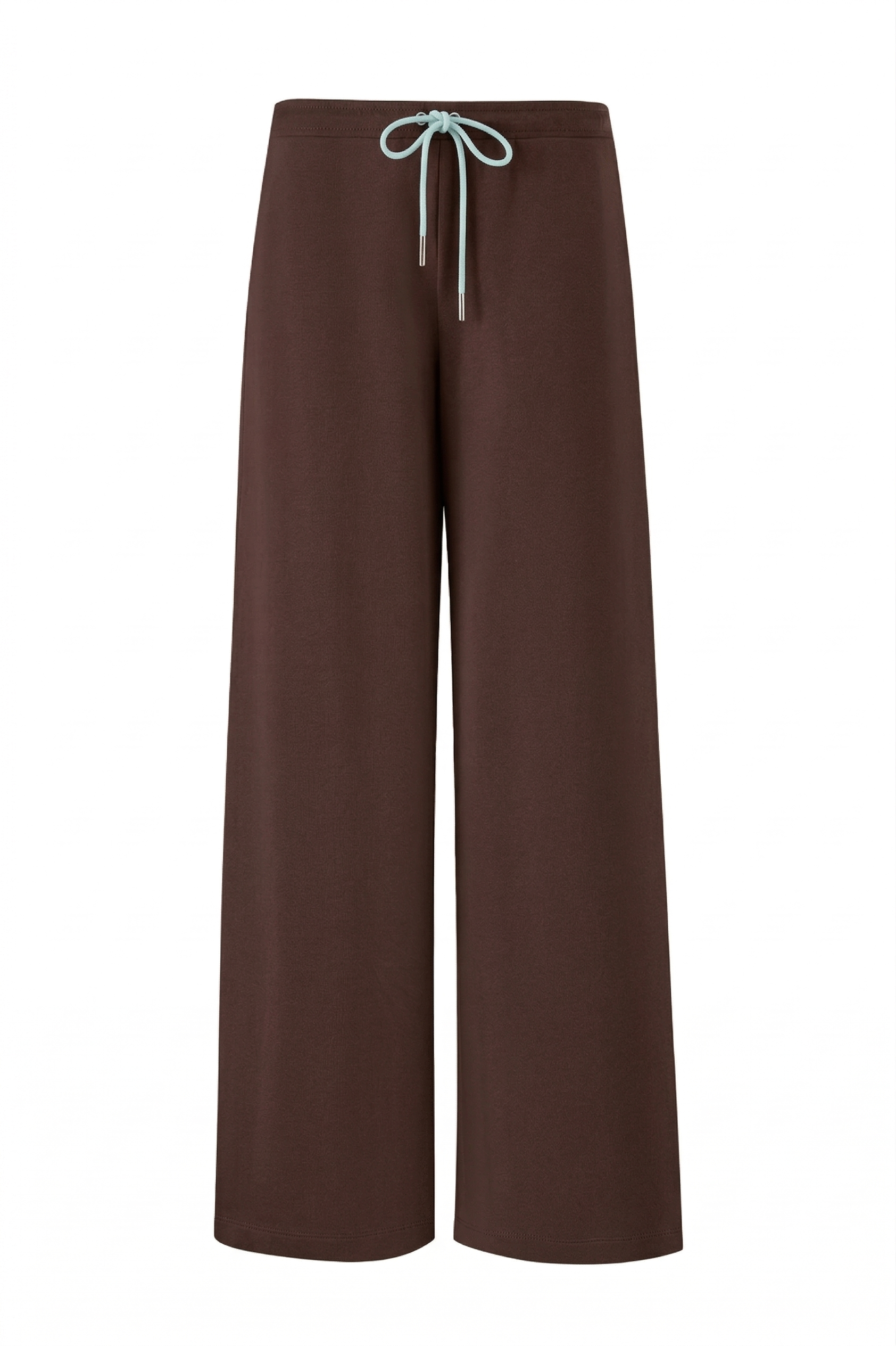 The I.AM.GIA ARLO TRACK PANT in brown and blue features a chocolate French terry fabric, a light blue waist drawstring, and a modern wide-leg fit, shown against a white background.