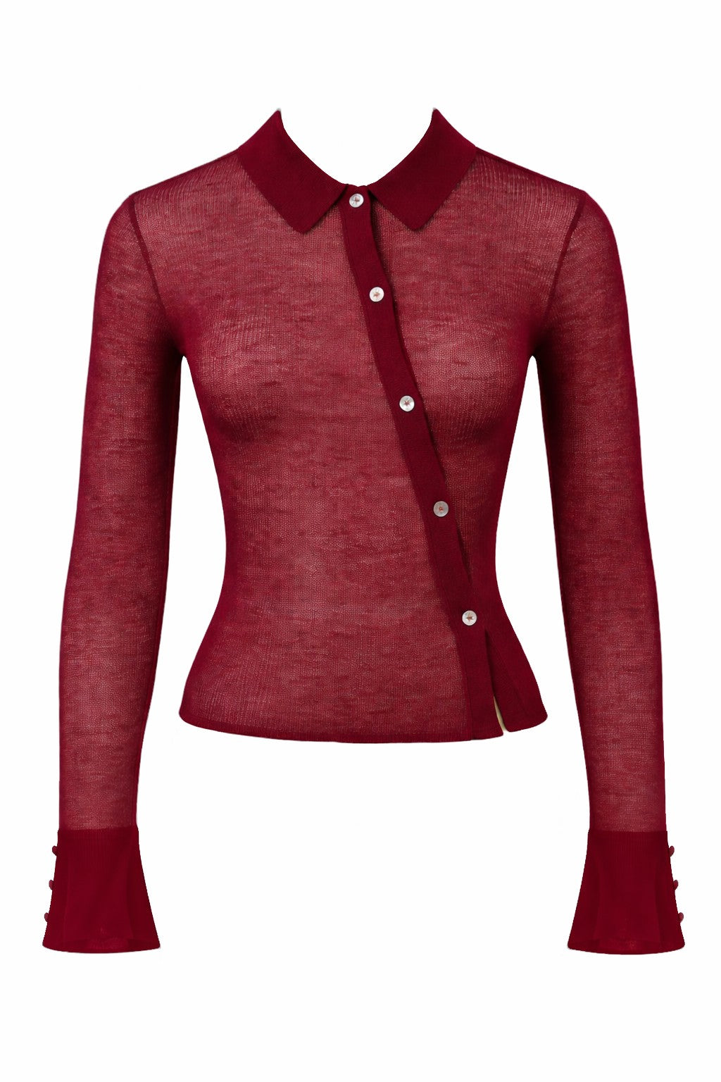 The DAVINA TOP by I.AM.GIA is a wine red sheer knit shirt with long sleeves, a pointed collar, asymmetric button-up front, and solid cuffs and collar contrasting its semi-transparent body.