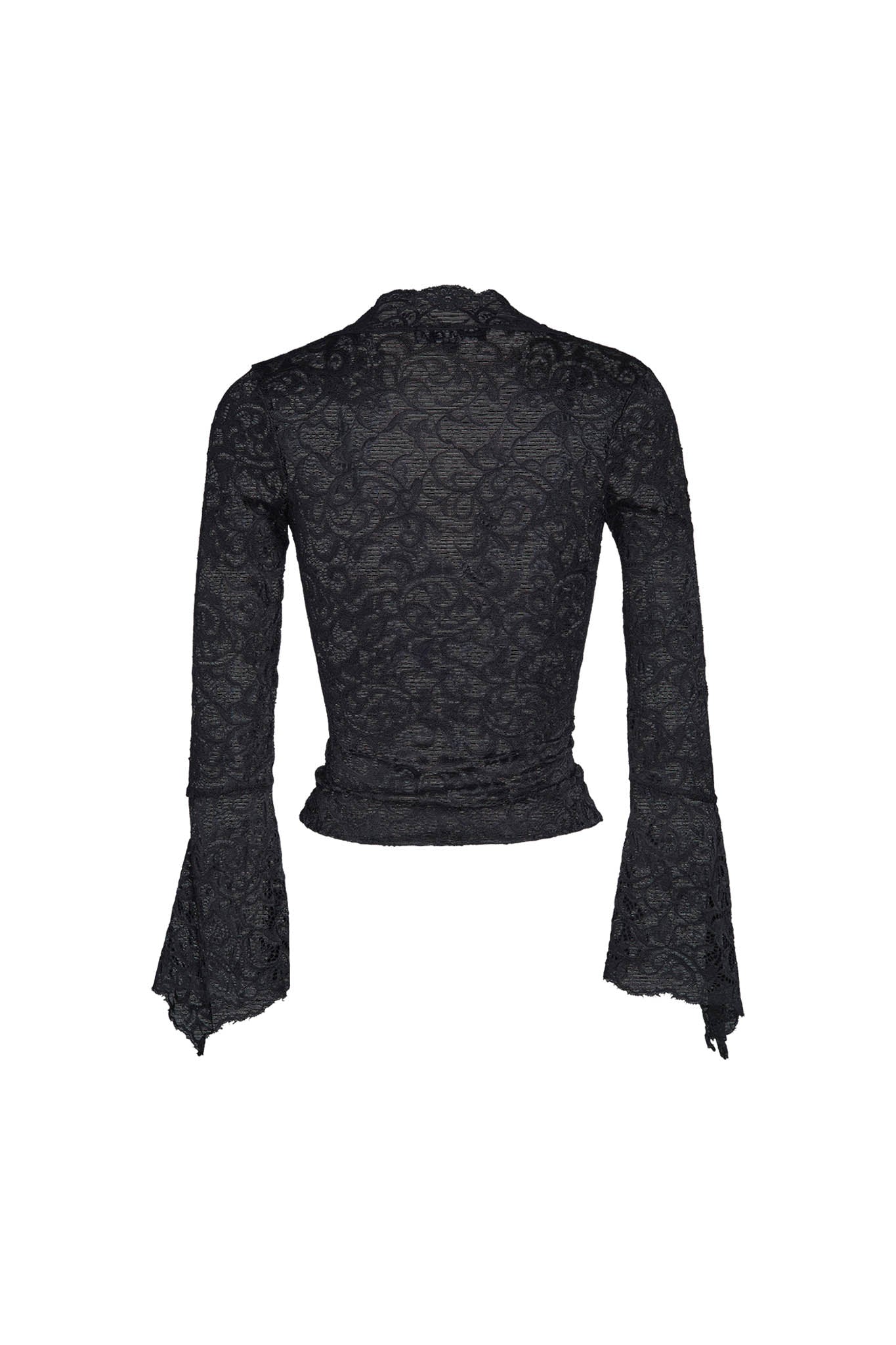 The GEMMA TOP - BLACK by I.AM.GIA is a long-sleeved, form-fitting lace blouse featuring intricate floral patterns throughout. The sleeves are flared at the cuffs, and the back view highlights its high neckline and tailored shape.