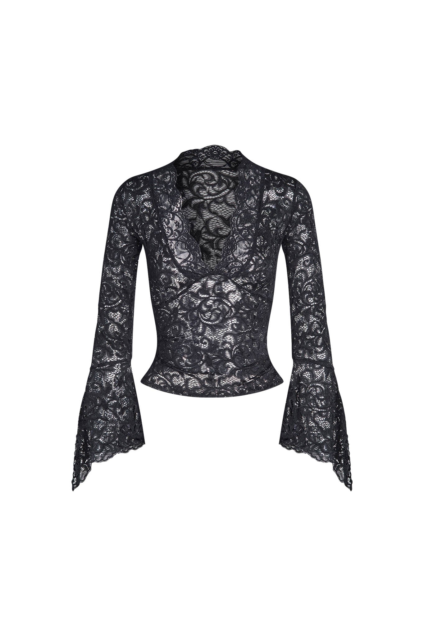 The GEMMA TOP - BLACK from I.AM.GIA is a long-sleeved, sheer black lace top featuring a deep V-neckline and flared sleeves. It showcases an intricate floral lace pattern throughout the fitted silhouette, with slightly scalloped edges.