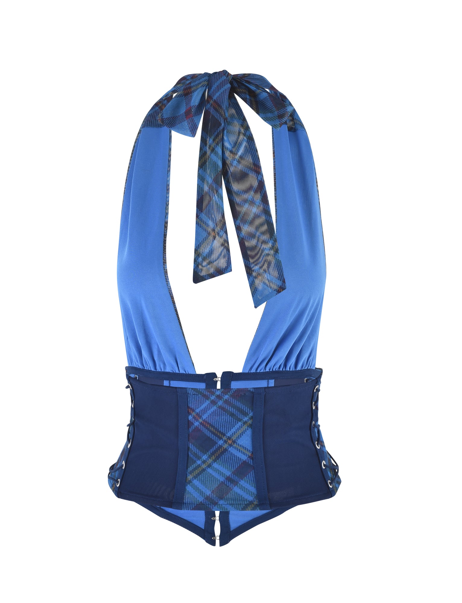 Introducing the CELESTINA CORSET - BLUE : PLAID from I.AM.GIA—a stylish blue halter top featuring a prominent plaid design at the front. This eye-catching piece includes a large tied bow at the neckline and intricate crisscrossed lace-up details on the sides, blending modern fashion with traditional plaid elements.