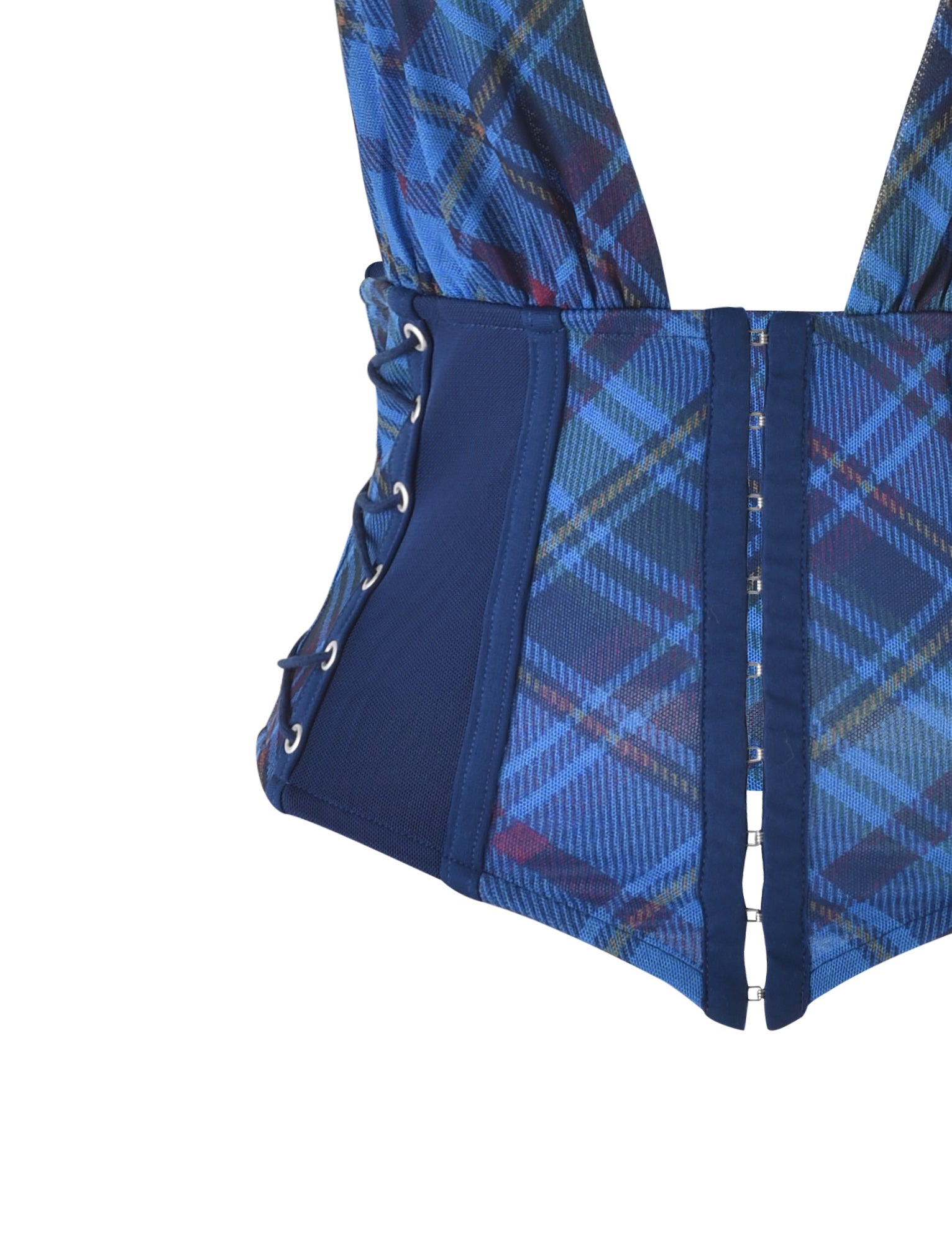 A close-up image of the CELESTINA CORSET - BLUE : PLAID from I.AM.GIA. The corset showcases a checkered pattern with hues of blue, red, and green, adorned with metal eyelets and side lacing, along with front boning for added structure.