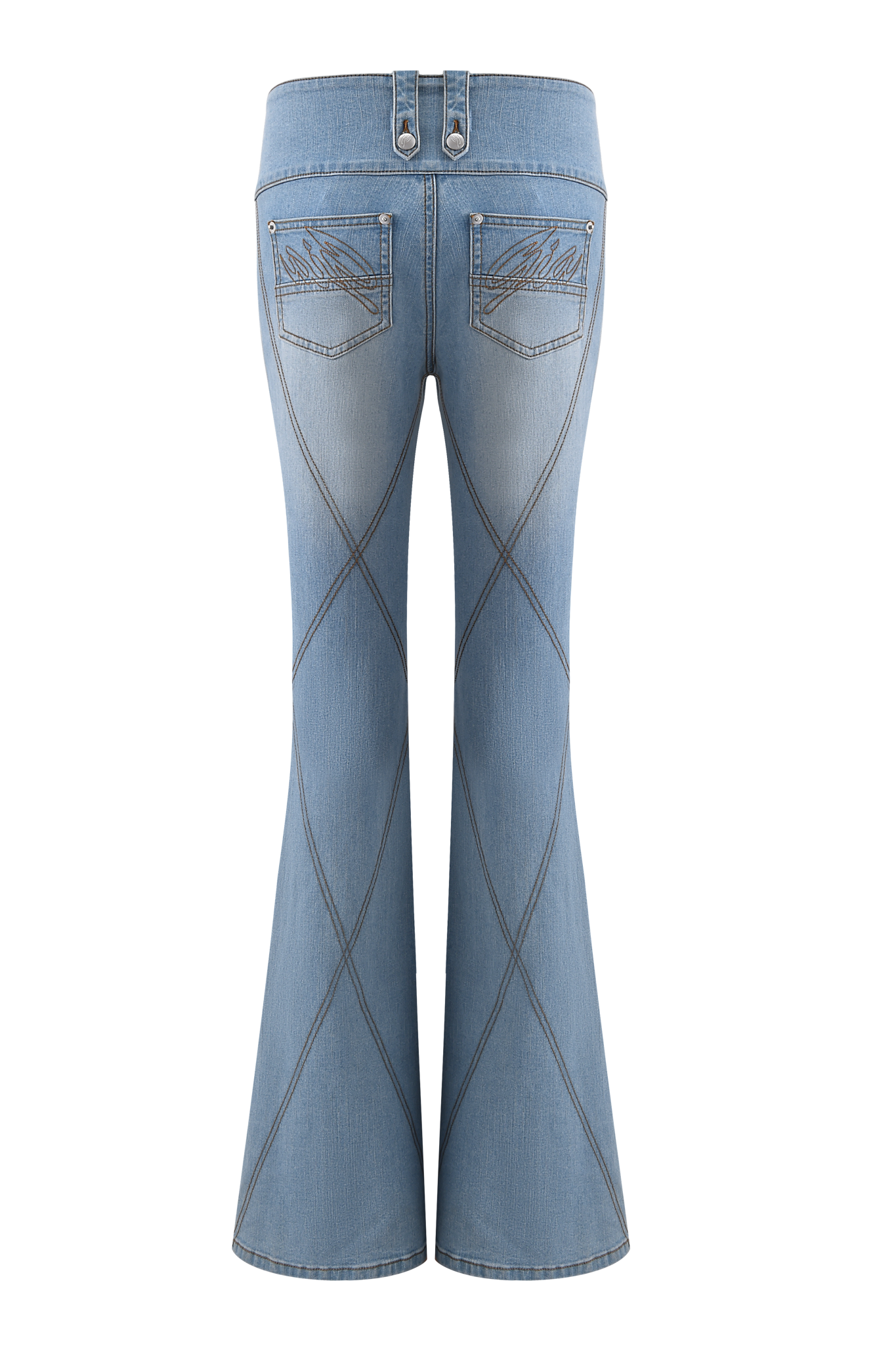 Back view of the I.AM.GIA MALLORY JEAN - LIGHT BLUE DENIM, a mid-rise style with diamond-patterned decorative stitching, angled back pocket details, and subtle center fading in the light blue wash.
