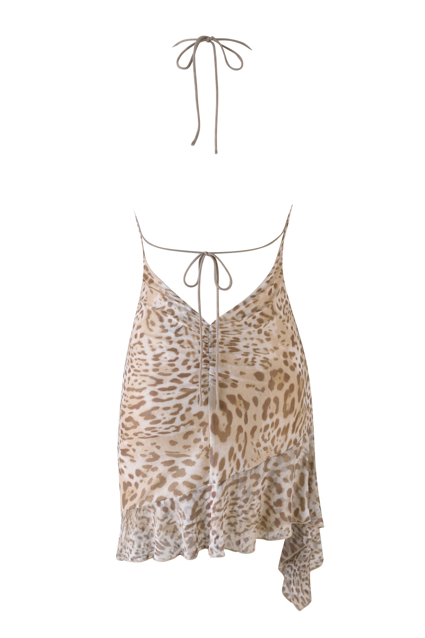 The VIRA MINI DRESS from I.AM.GIA is a jaguar print mini bodycon with a halter neckline, open back, thin back-tie straps, plunging neckline, and ruffled asymmetrical hem in neutral earthy tones.