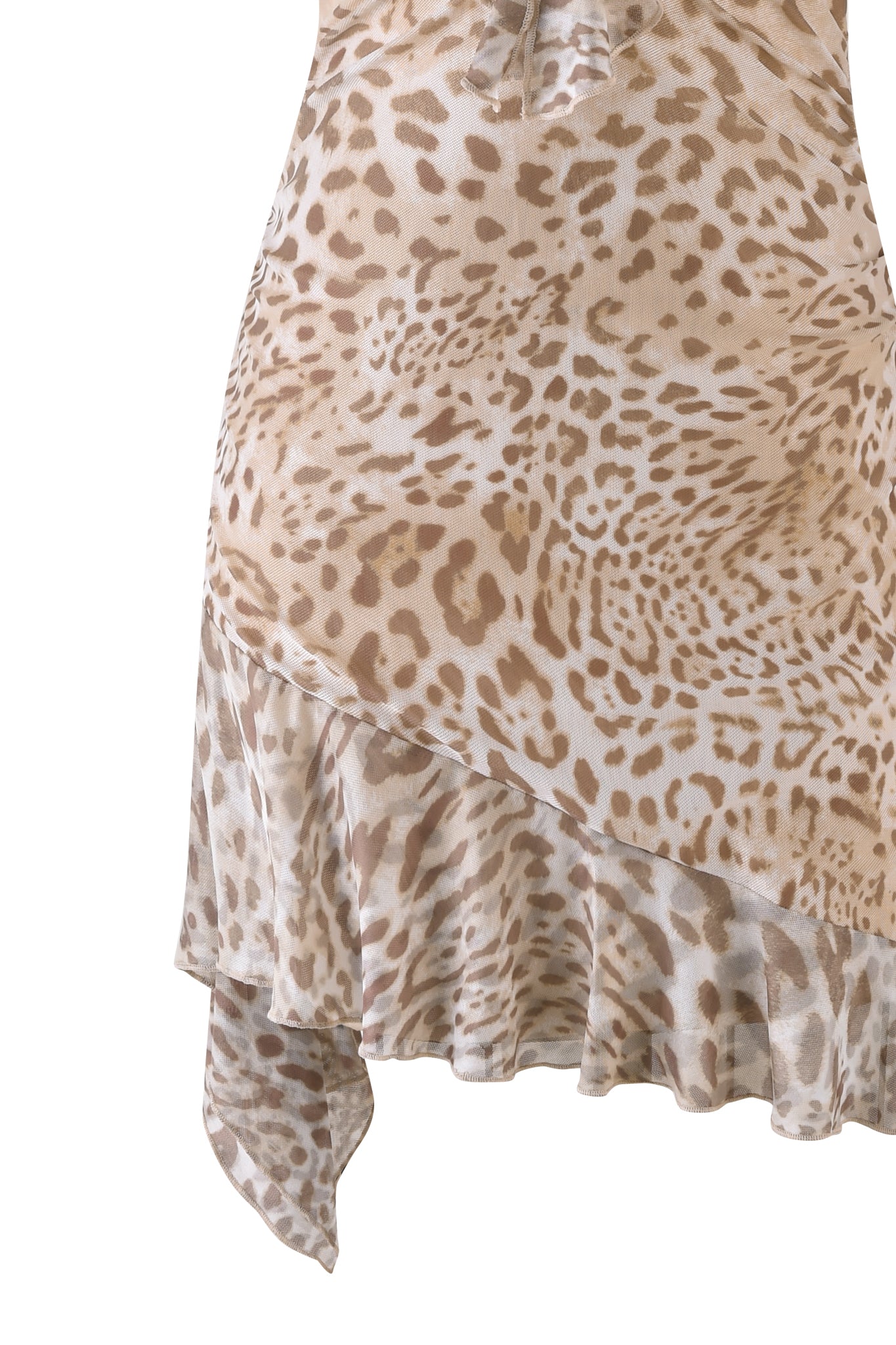 The VIRA MINI DRESS by I.AM.GIA showcases a plunging neckline and asymmetrical hemline with ruffled edges, featuring a bold jaguar print pattern of light and dark brown spots on a beige backdrop.