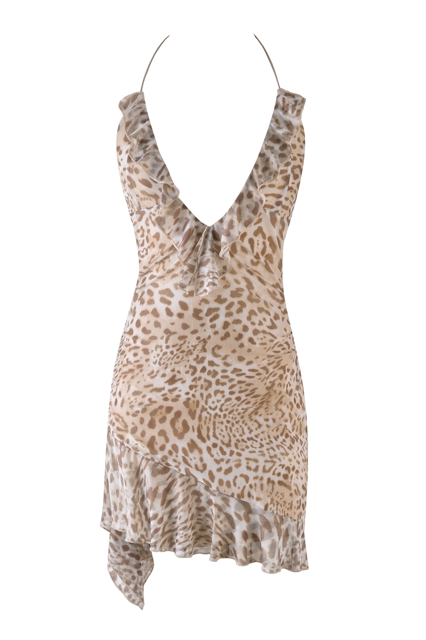 The VIRA MINI DRESS by I.AM.GIA features a sleeveless, jaguar print with a halter neck and plunging neckline. It’s a beige and brown bodycon dress with subtle ruffles at the neckline and hem for an asymmetrical look.