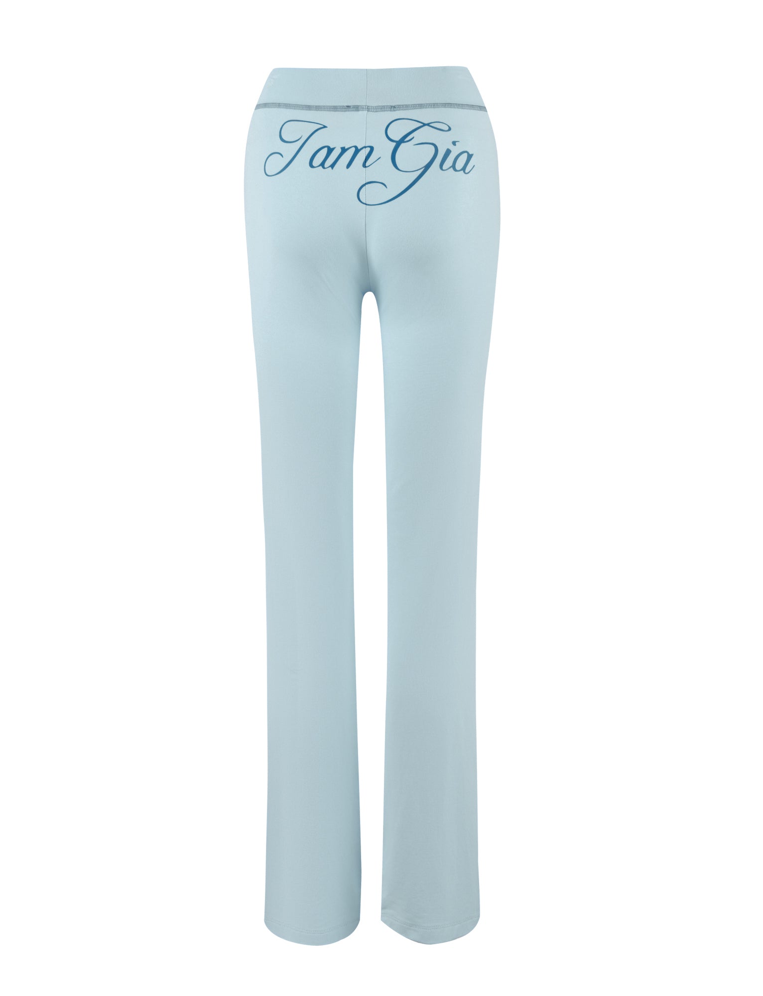 The BLARE TRACKPANT - BLUE by I.AM.GIA in baby blue features a high-waisted fit, flared leg, and "I.AM.GIA" in bold blue script across the back waistband.