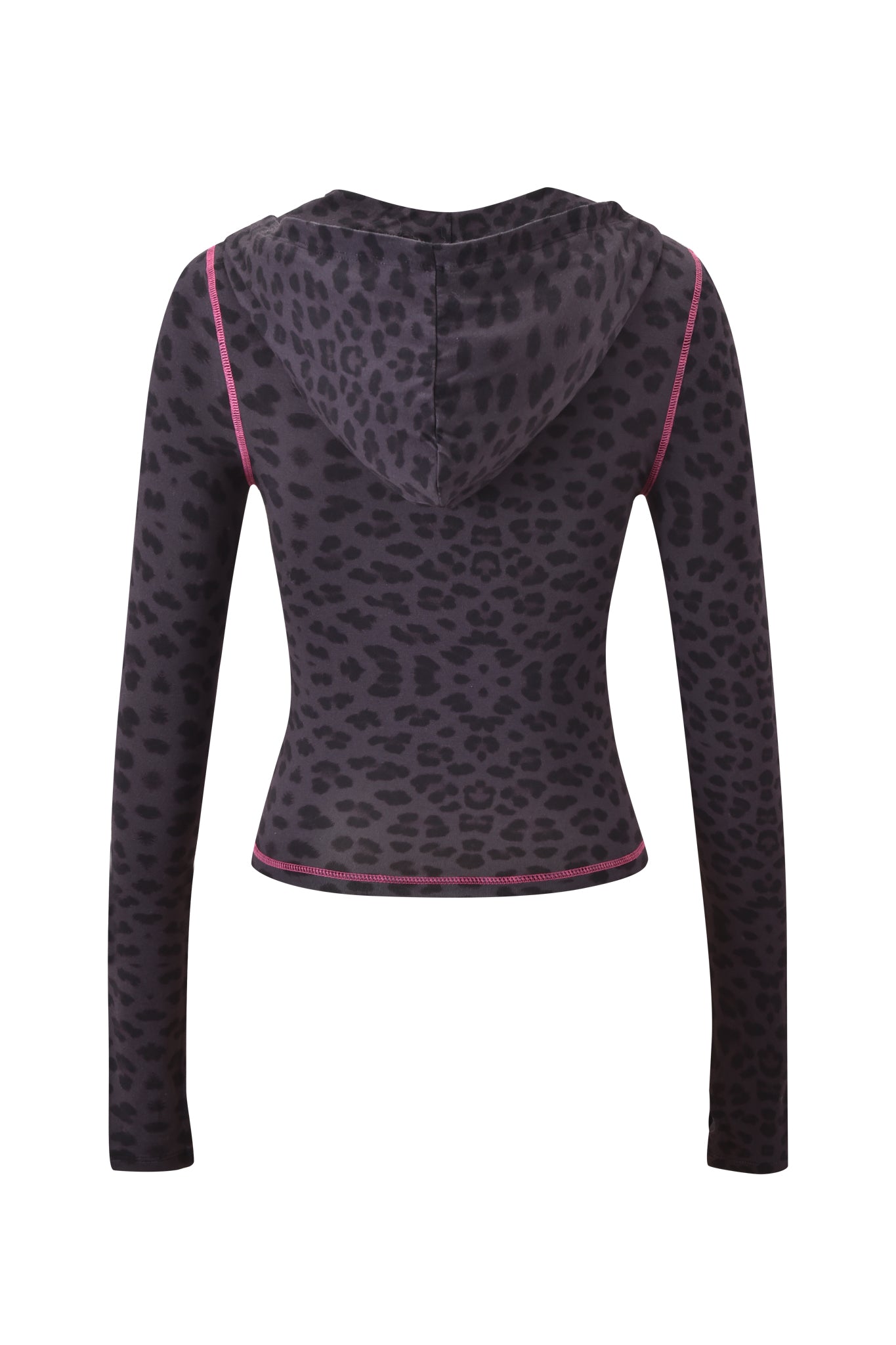 The BLARE HOODIE - PANTHER by I.AM.GIA is a black, long-sleeve bodycon zip hoodie featuring a dark leopard print and pink trim, displayed from the back against a plain white background.