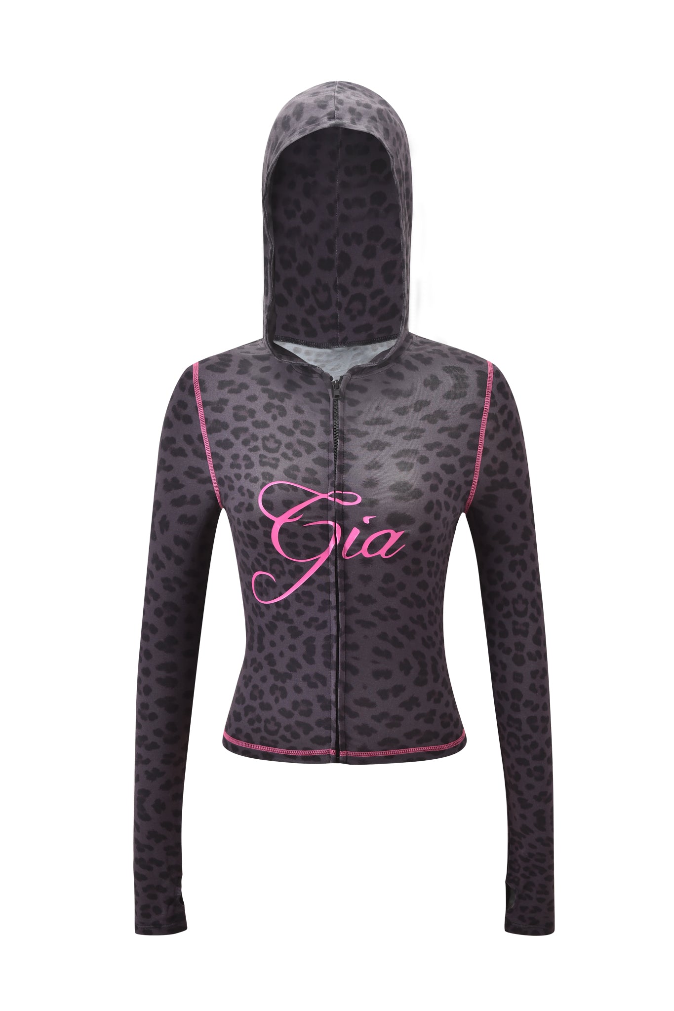 A gray and black panther print BLARE HOODIE by I.AM.GIA features pink piping and "Gia" in pink script across the chest, displayed on a white background.