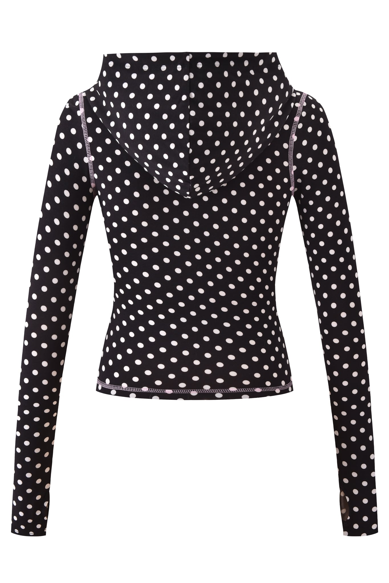 The BLARE HOODIE - BLACK POLKA DOT by I.AM.GIA features a bodycon fit, long sleeves, polka dot design, light-colored stitching, and is shown from the back.