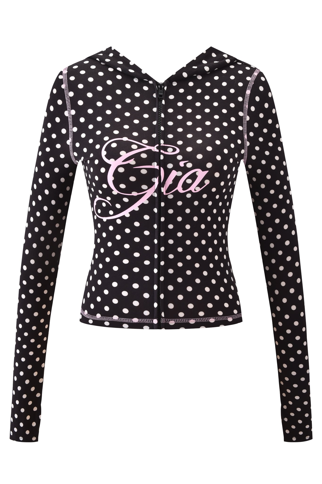 The BLARE HOODIE - BLACK POLKA DOT by I.AM.GIA features long sleeves, a zip-up front, bold pink "Gia" script across the chest, and a stylish black polka dot design for standout comfort.