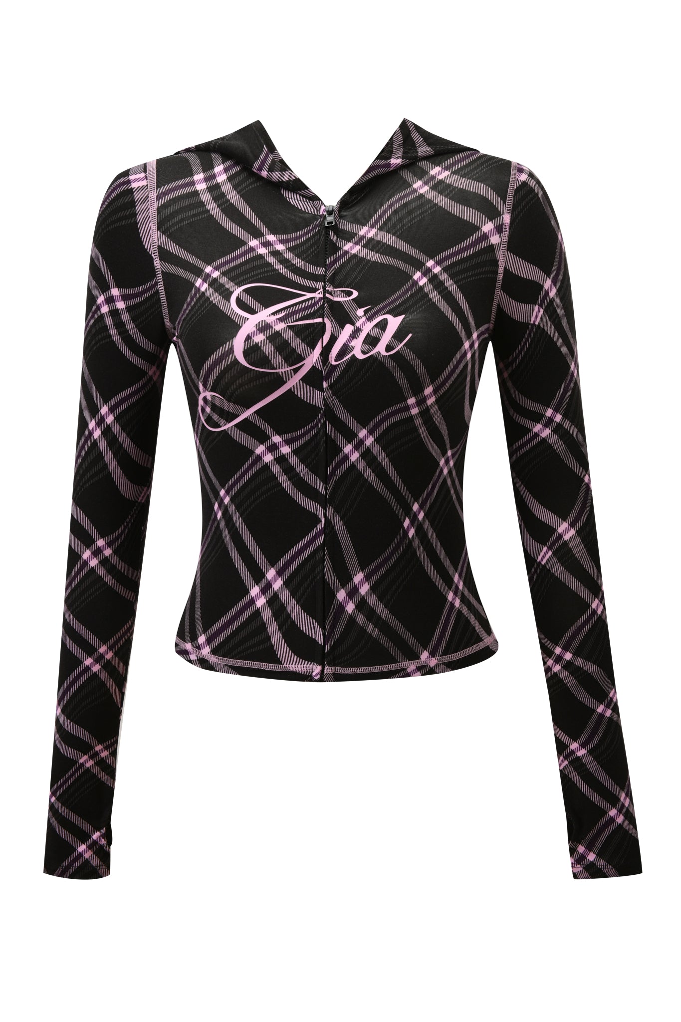 The BLARE HOODIE by I.AM.GIA features a fitted, long-sleeved black and pink warped plaid design with "Cita" in cursive on the chest, a slight v-neck, and stylish button closure.