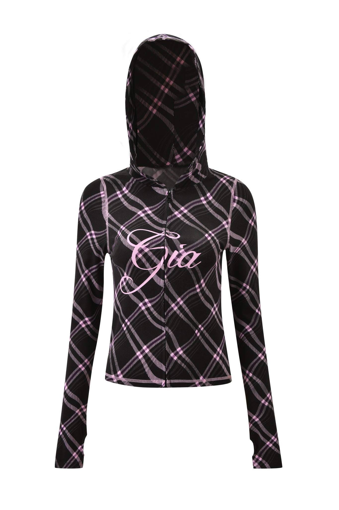 The BLARE HOODIE by I.AM.GIA in black warped plaid features "Gia" in cursive across the chest and a zip-up front, displayed on a plain white background.