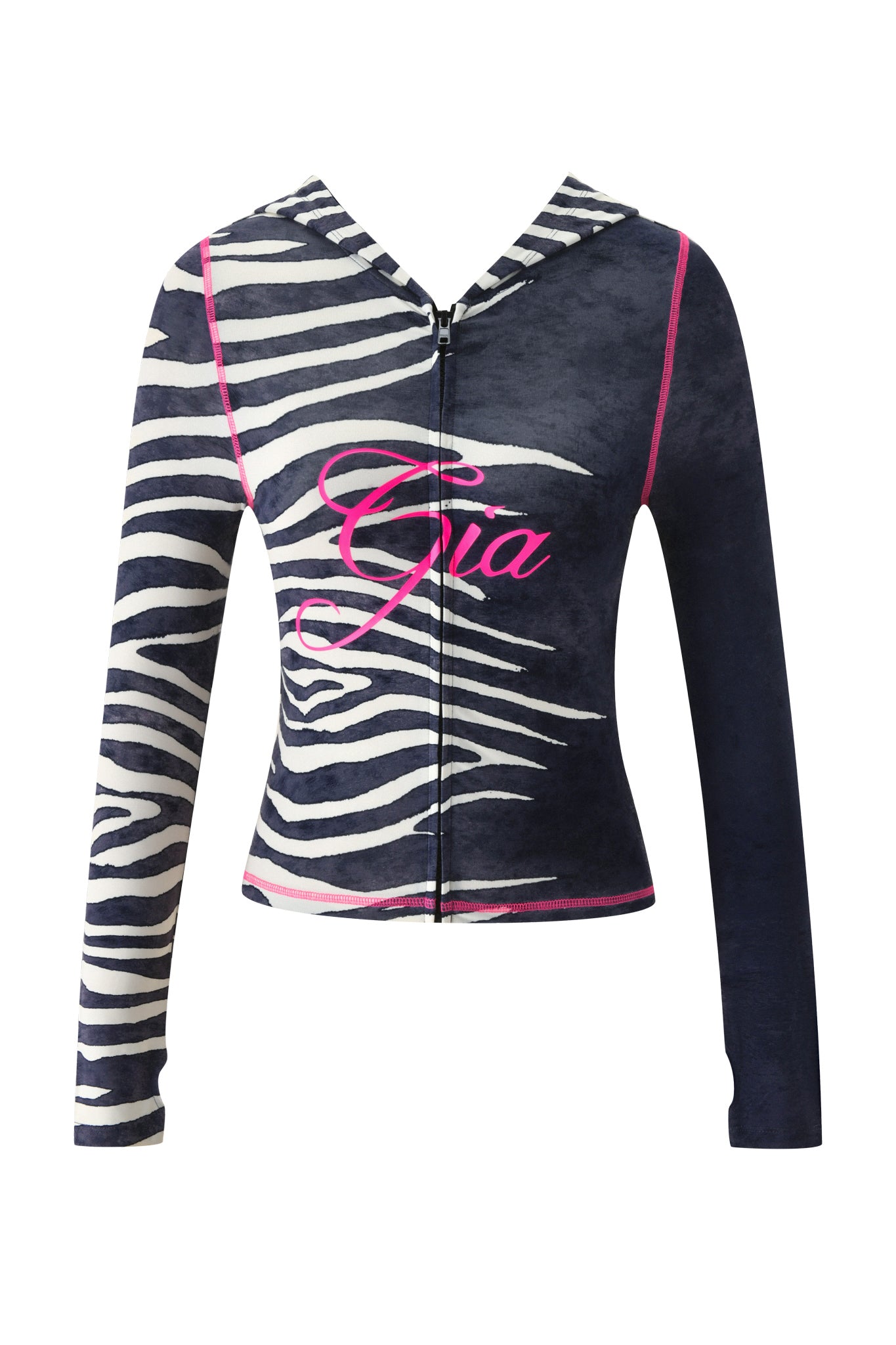 Sure! Here’s a rewritten sentence using your product data: The BLARE HOODIE - BLACK WILD SIDE by I.AM.GIA is a zip-up hoodie that showcases eye-catching zebra print, with one sleeve in solid navy and the other featuring bold stripes. “Gia” appears in pink script across the chest, complemented by playful pink piping along the seams and waistband.