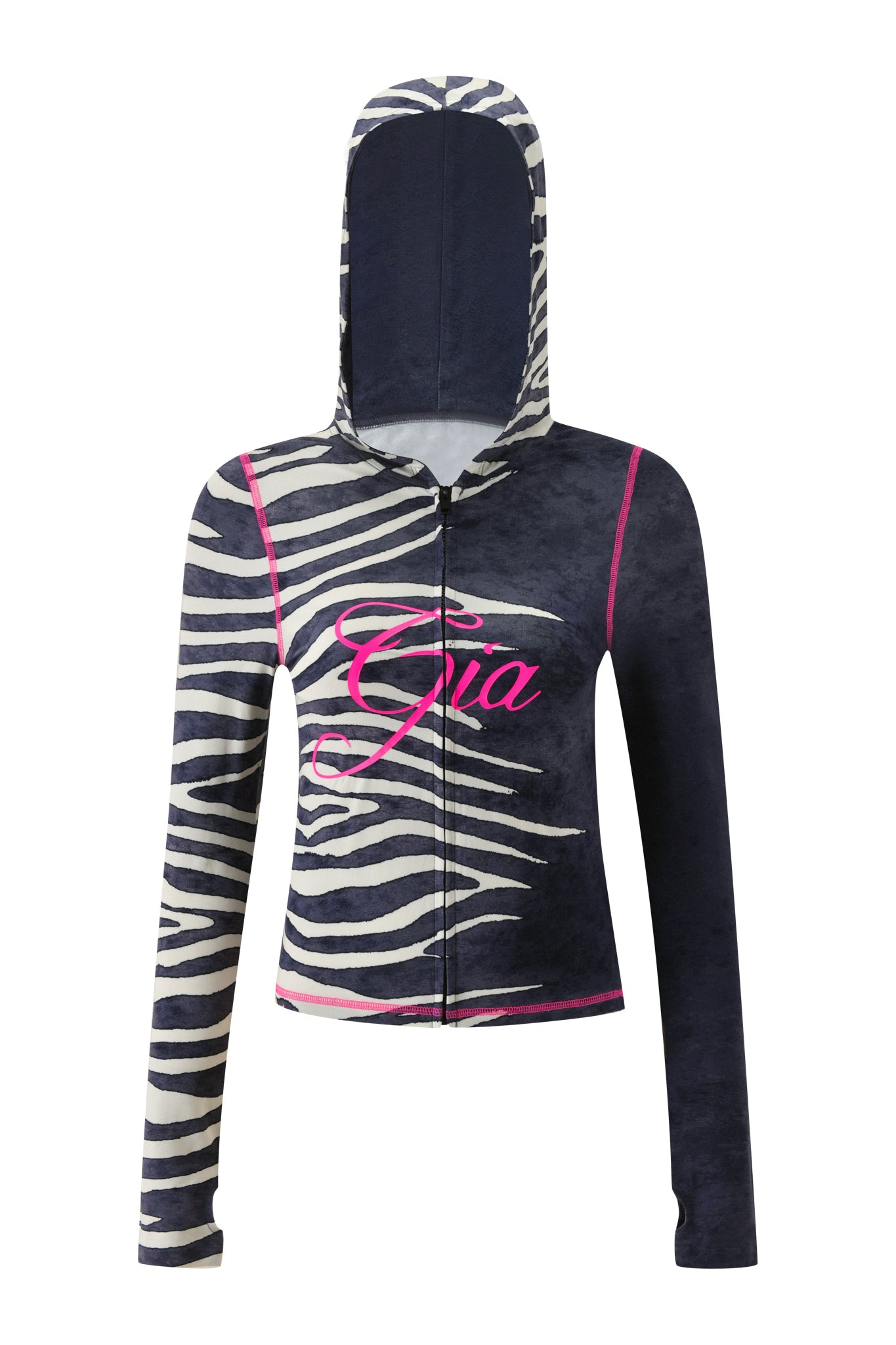 Introducing the BLARE HOODIE - BLACK WILD SIDE by I.AM.GIA: a zebra-striped, long-sleeve bamboo zip-up hoodie with a hood, featuring “Gia” in pink script across the chest and highlighted with pink seam accents—the perfect blend of bold style and comfort.