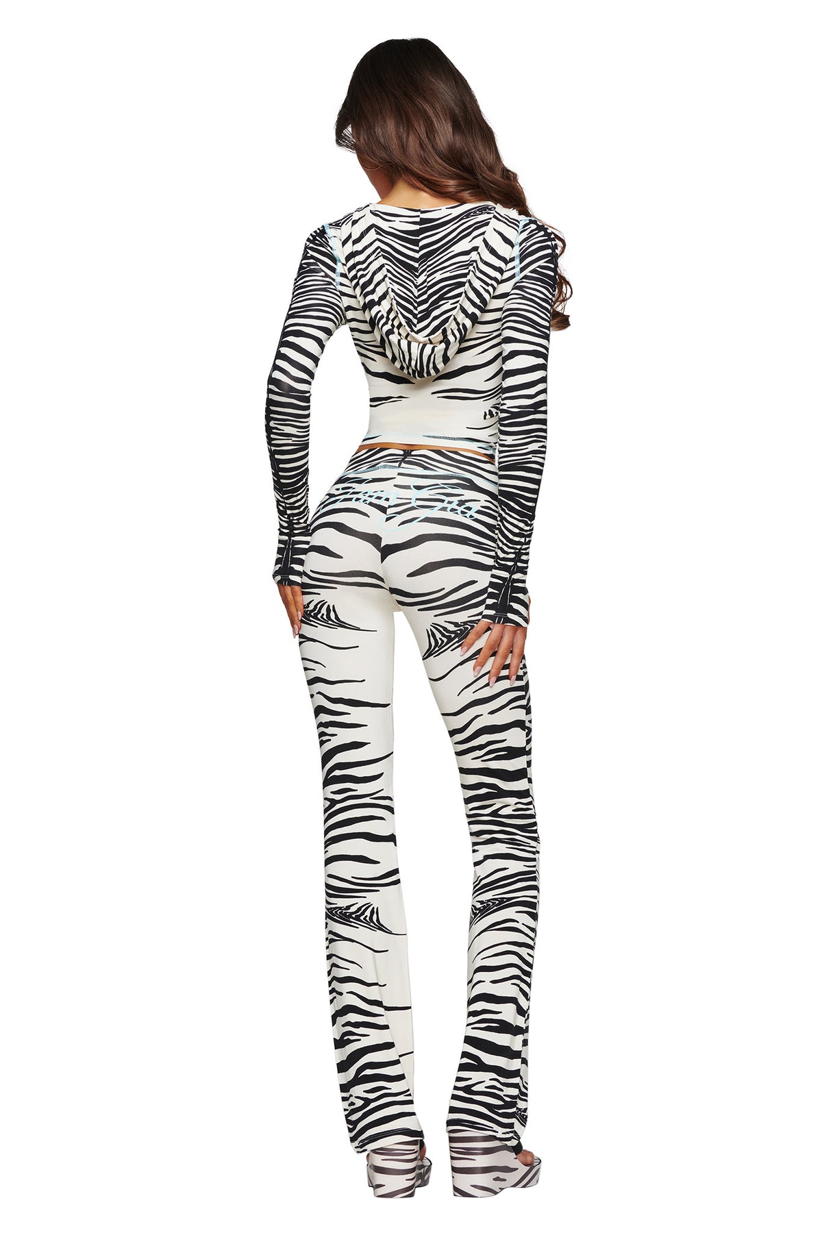 A woman stands with her back to the camera, wearing the I.AM.GIA BLARE HOODIE in Fine Line Zebra and matching long pants. Her long hair is down, and she poses against a white background—showcasing the bold zebra-print BLARE HOODIE by I.AM.GIA.
