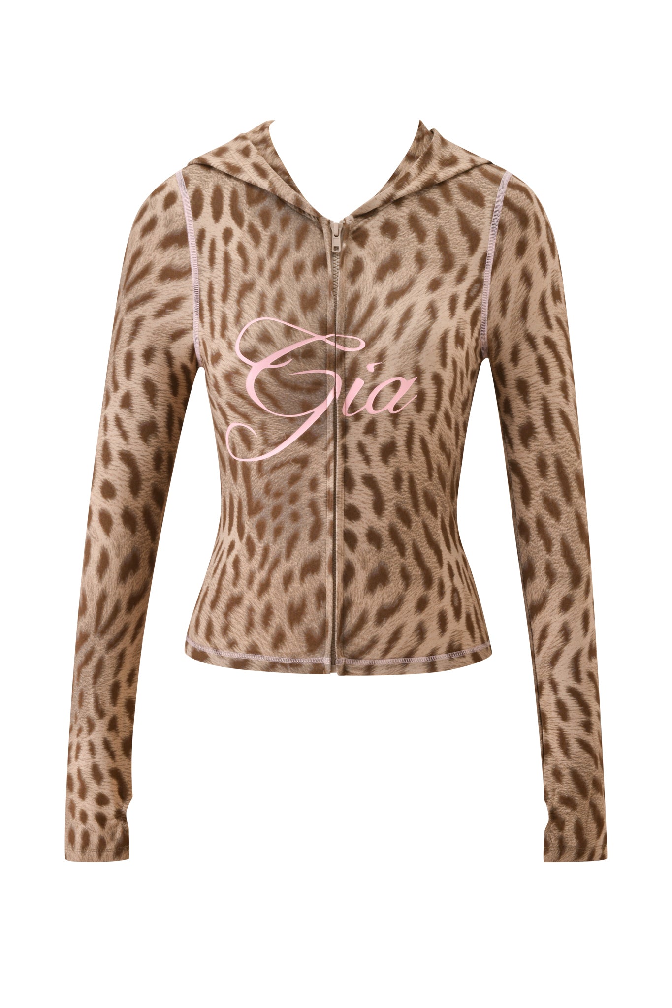The I.AM.GIA BLARE HOODIE - BLAZE CHEETAH is a brown bamboo zip-up hoodie with a fitted shape, hood, long sleeves, and "Gia" in large light pink script across the chest for cozy style.