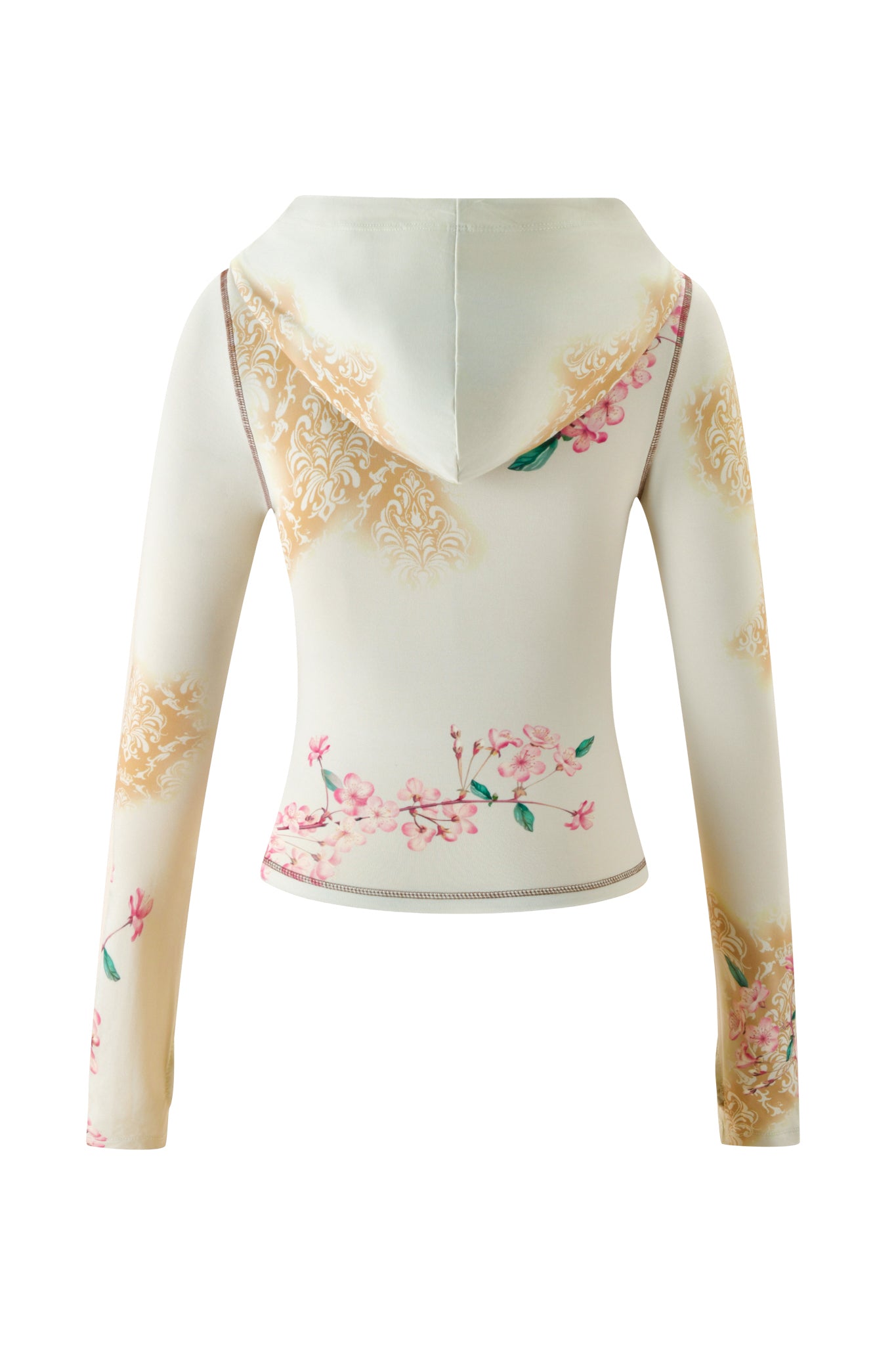 Back view of the BLARE HOODIE - BLOSSOM by I.AM.GIA in cream, featuring long sleeves and a floral, ornate gold pattern. This bamboo hoodie showcases delicate pink cherry blossom motifs in a blossom print and offers a slightly fitted silhouette.
