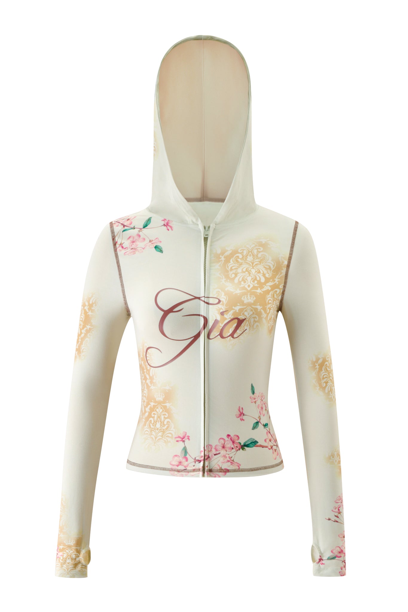 A cream-colored zip-up bamboo BLARE HOODIE - BLOSSOM from I.AM.GIA, featuring a hood, floral and damask blossom prints, and the word “Gia” scripted across the chest.