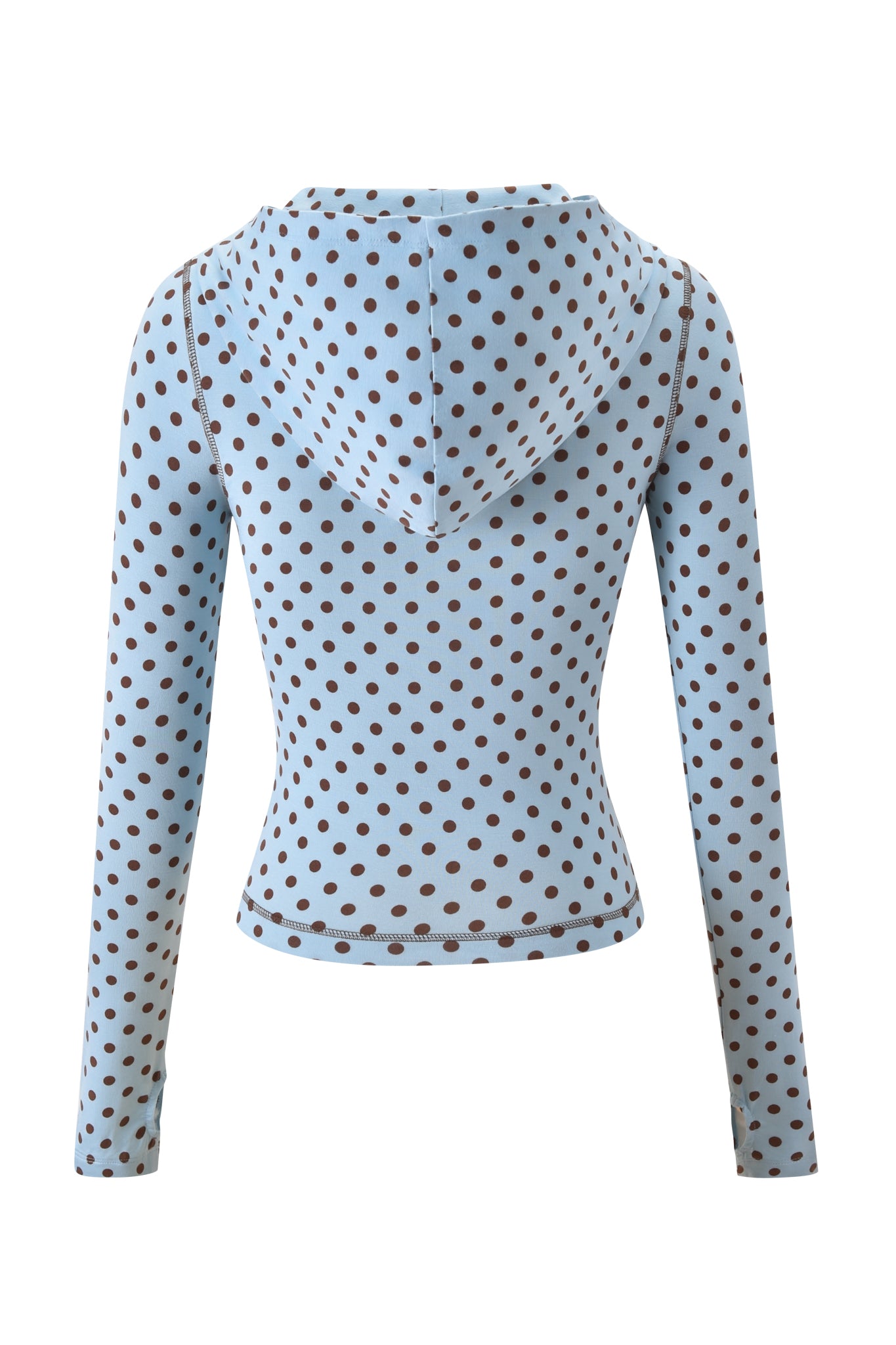 The I.AM.GIA BLARE HOODIE - BLUE POLKA DOT features a fitted, long-sleeve design with baby blue fabric and playful brown polka dots, shown from the back.