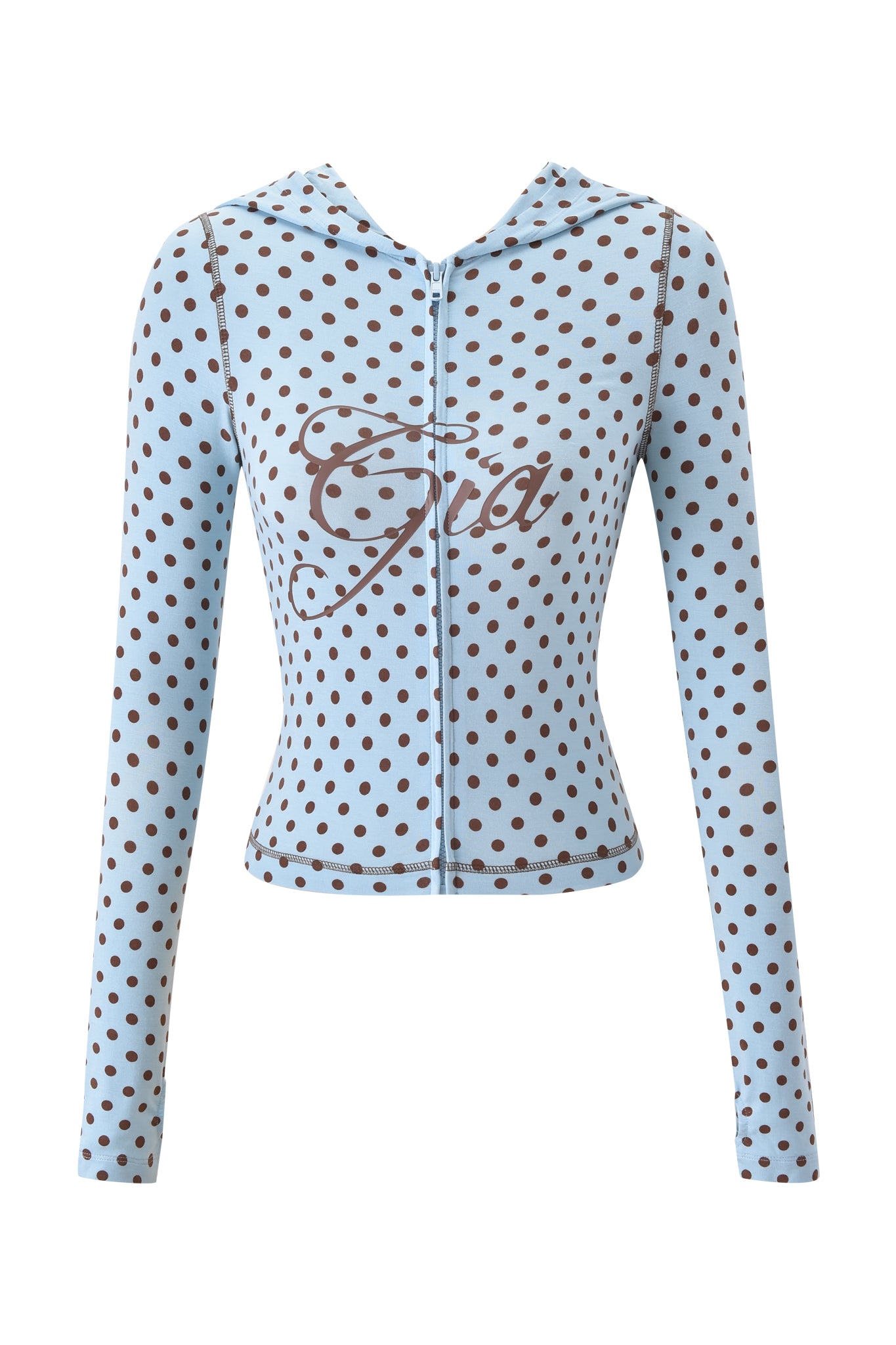The BLARE HOODIE - BLUE POLKA DOT by I.AM.GIA is a light blue, long-sleeve hoodie with brown polka dots and "Gia" in large brown script across the chest.