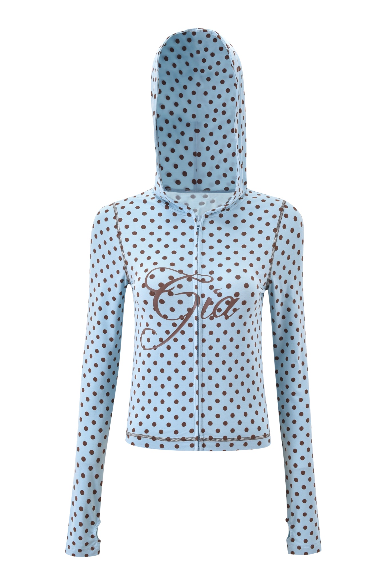 The BLARE HOODIE - BLUE POLKA DOT by I.AM.GIA features light blue fabric, long sleeves, a hood, dark polka dots, and "Gia" in bold brown cursive on the chest—making it both stylish and cozy.