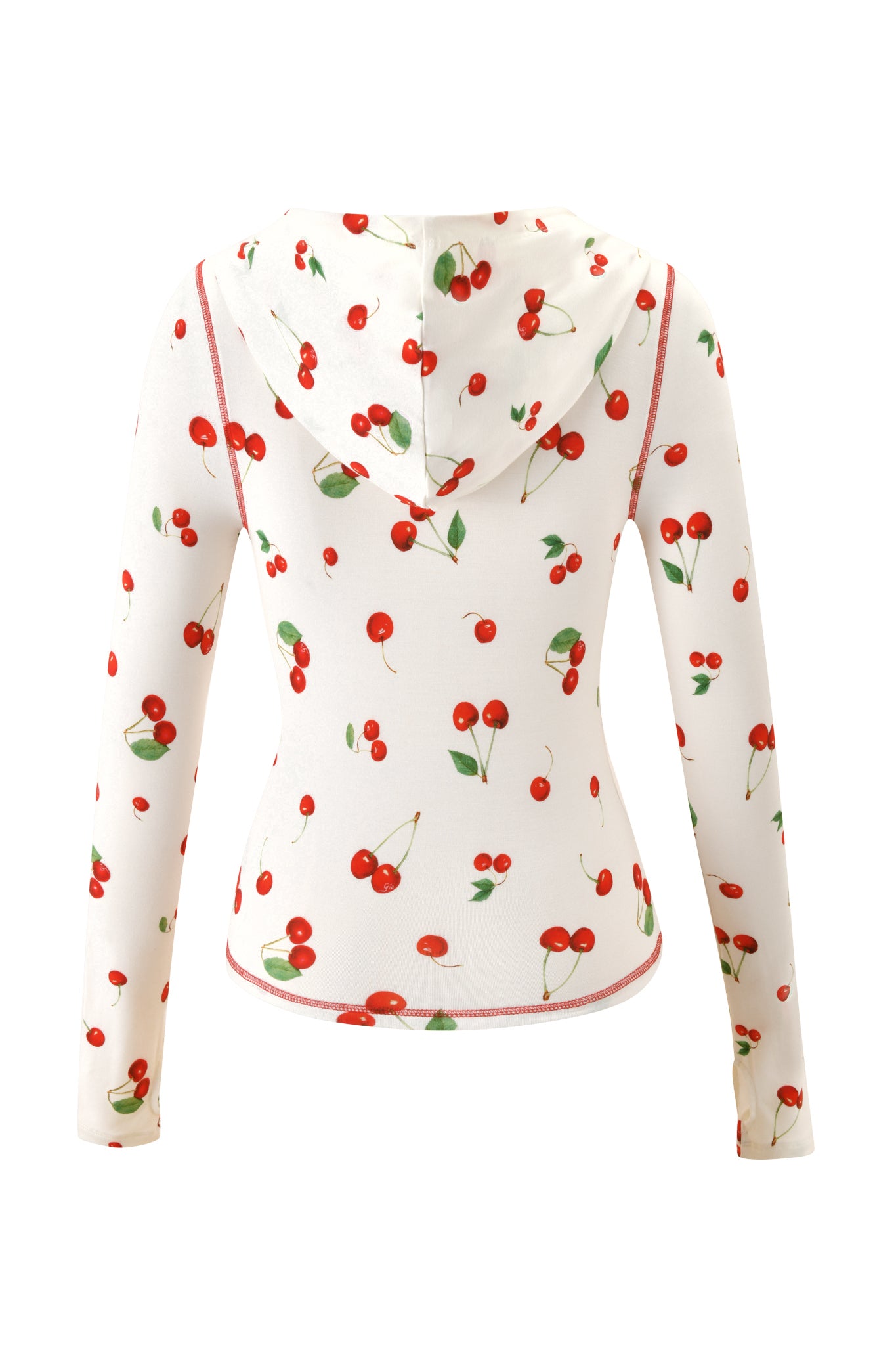 The BLARE HOODIE - CHERRY ON TOP by I.AM.GIA is a white, long-sleeve fitted hoodie featuring a vibrant cherry and green leaf print, shown from the back against a plain white background.