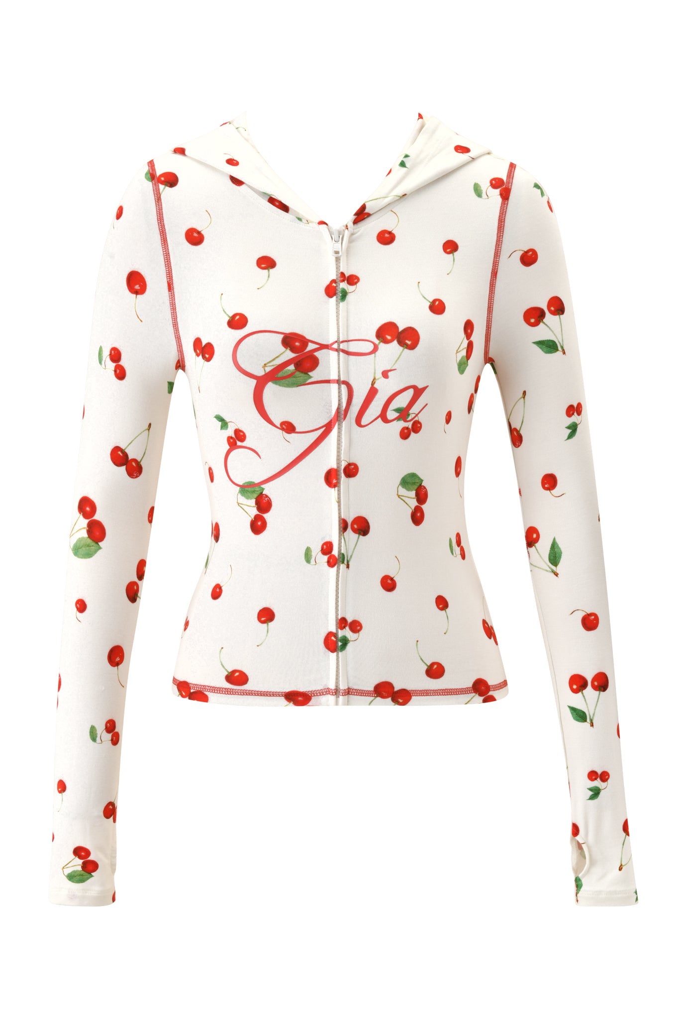 The I.AM.GIA BLARE HOODIE - CHERRY ON TOP is a white zip-up with red cherry and green leaf print, featuring bold "Gia" lettering in large red cursive across the chest for a striking look.