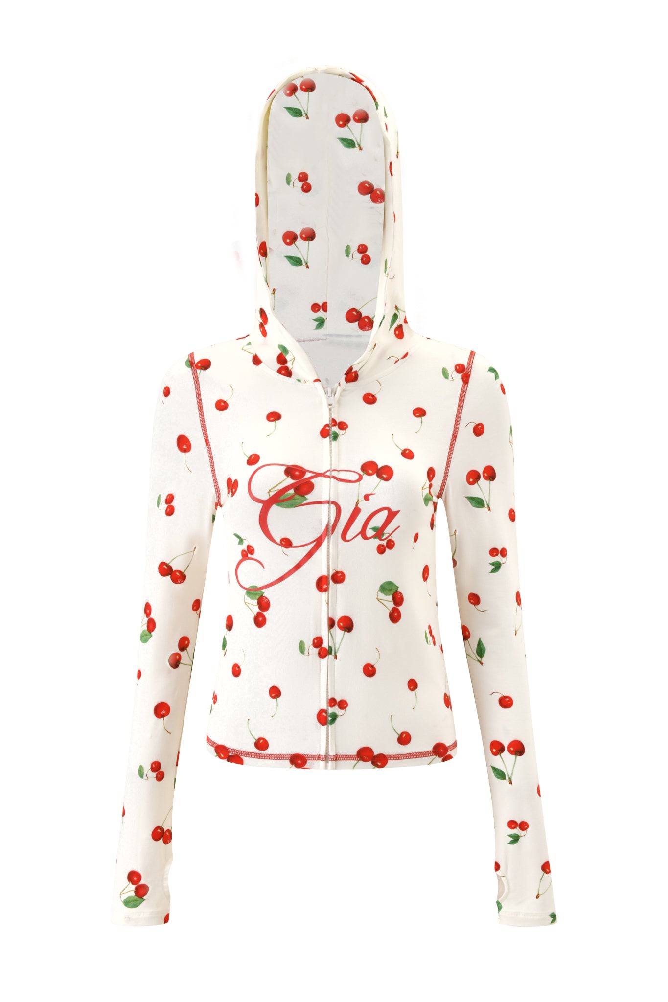 The BLARE HOODIE - CHERRY ON TOP by I.AM.GIA is a white hoodie featuring a playful Cherry on Top print and "Gia" in cursive red font across the chest, shown with the hood up against a plain white background.