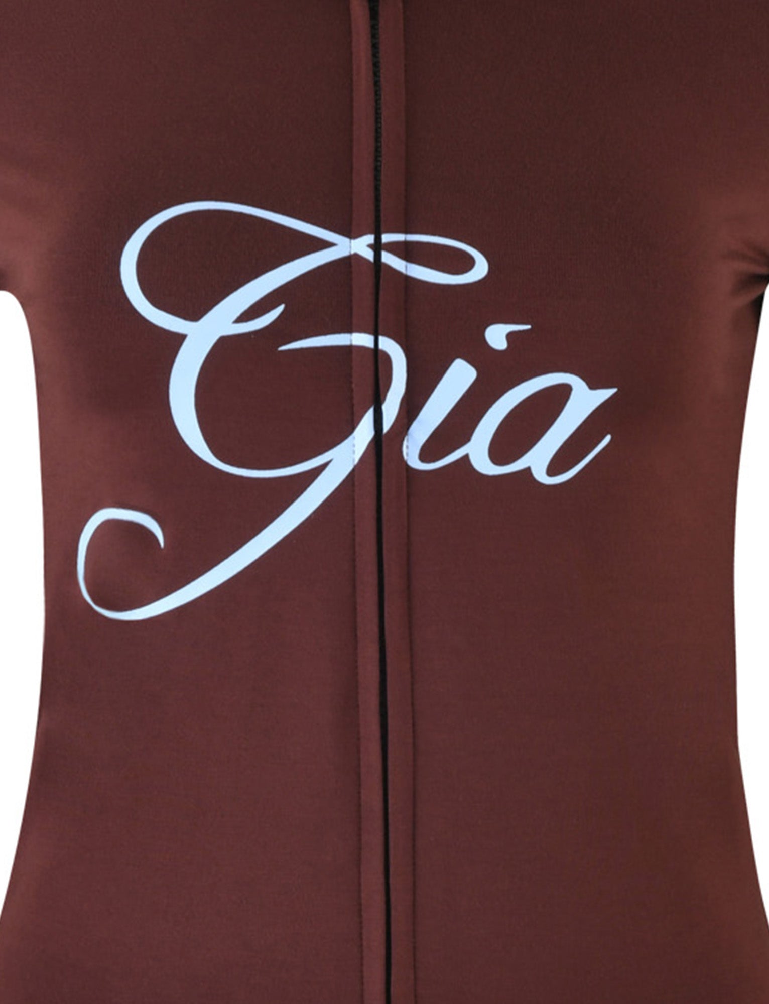 Close-up of a brown hoodie showcasing the name "Gia" in elegant white cursive letters across the chest area, highlighting its connection to I.AM.GIA. The fabric appears smooth and fitted.