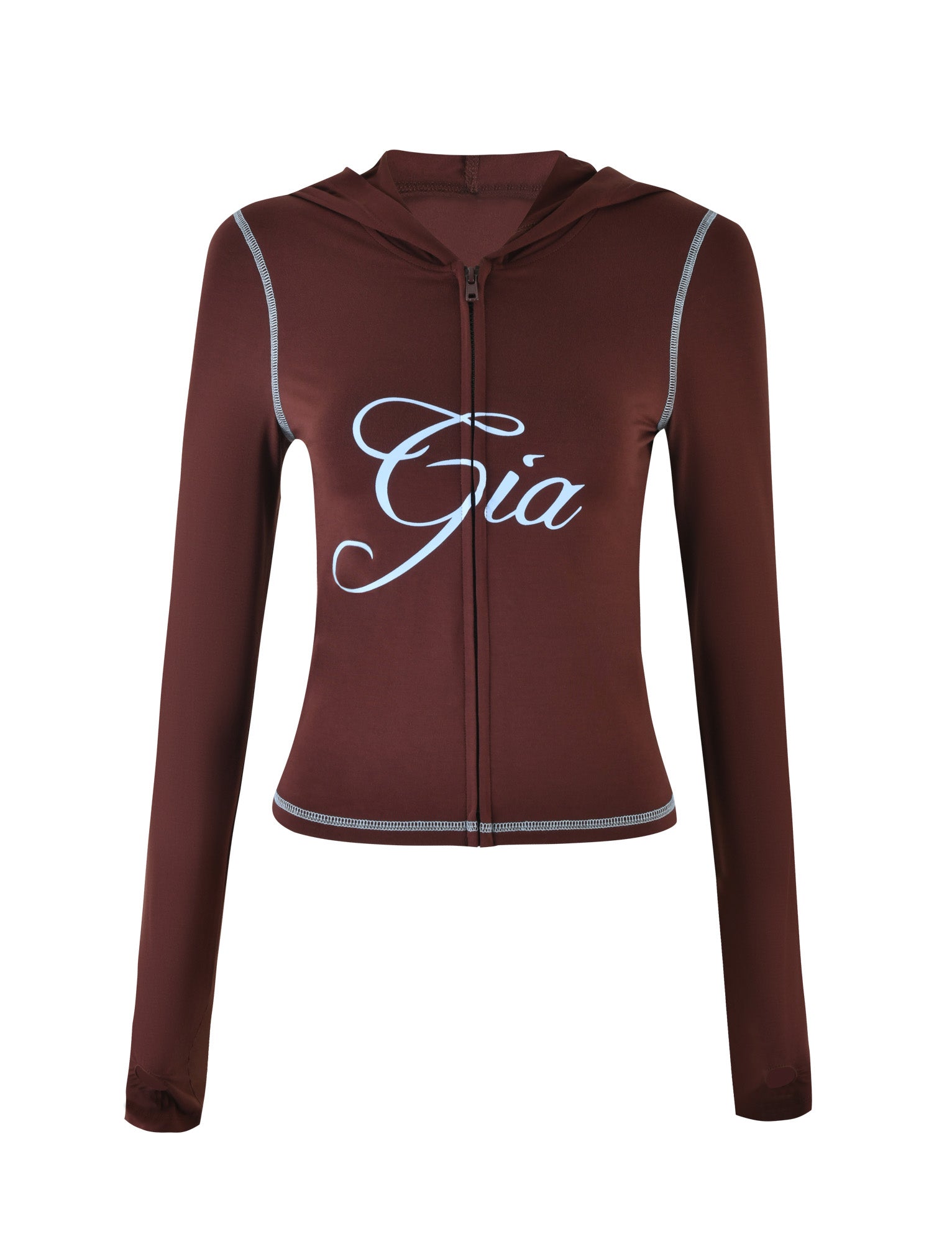 A brown zip-up hoodie with long sleeves and white piping details. The word "Gia" is printed in white cursive font across the chest, embodying the signature style of I.AM.GIA, known as the BLARE HOODIE.