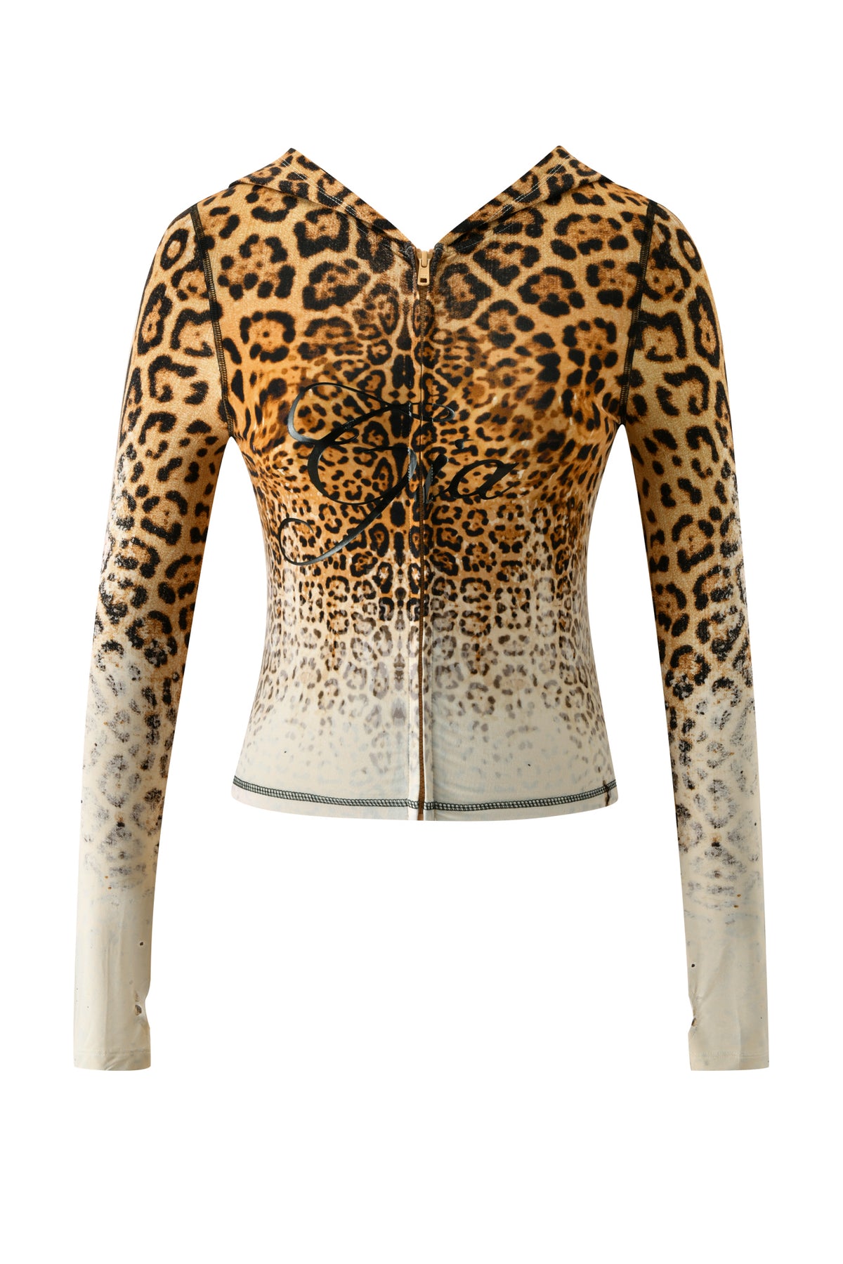 Introducing the BLARE HOODIE - CREAM FADED PANTHERA by I.AM.GIA: a long-sleeve zip-up hoodie featuring a striking panthera animal print that gracefully fades to cream at the hem and wrists, expertly crafted from soft bamboo fabric for all-day comfort.