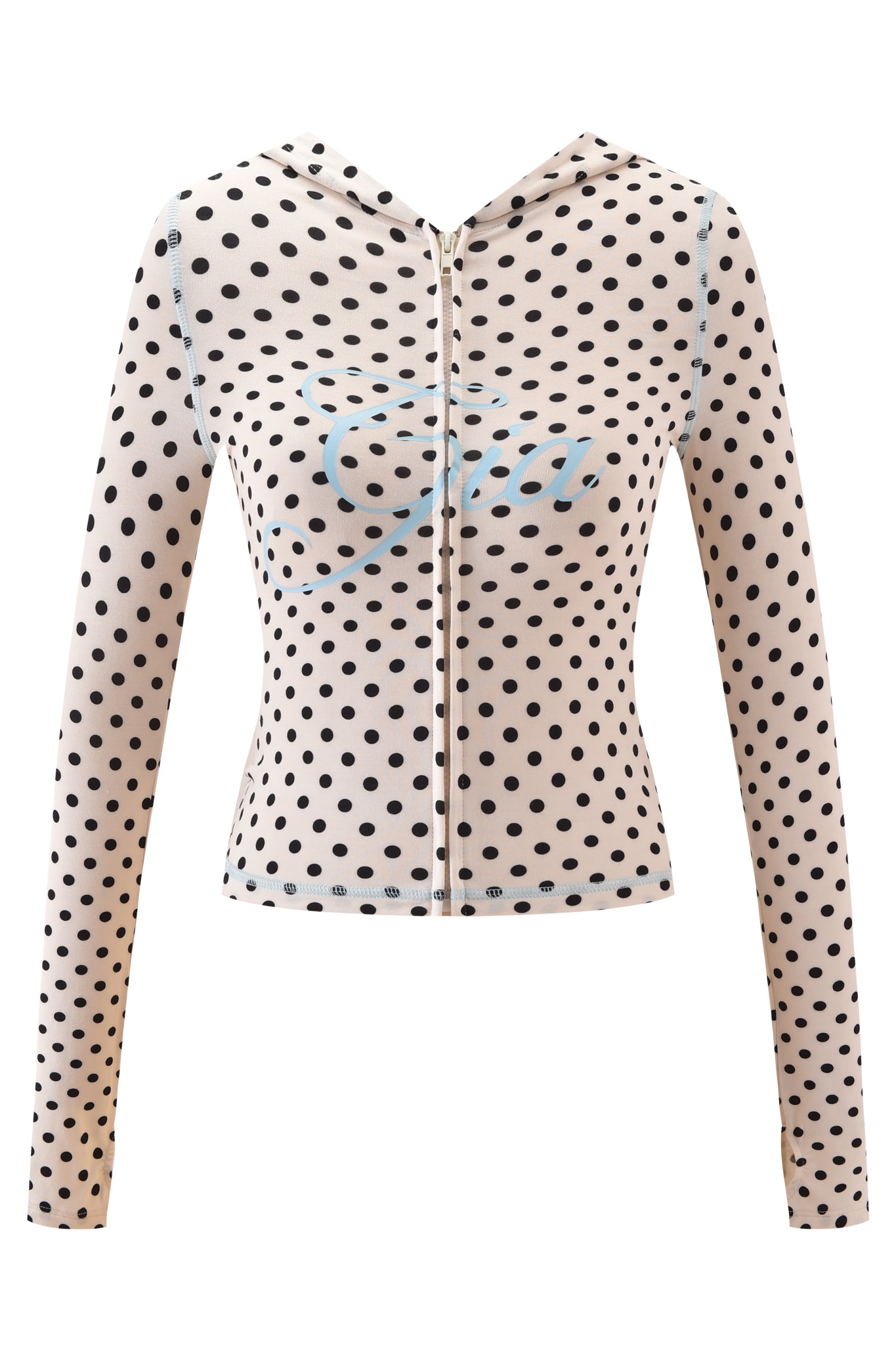The BLARE HOODIE - CREAM POLKA DOT by I.AM.GIA is a long-sleeve, bodycon beige hoodie with black polka dots and a light blue script logo on the chest.