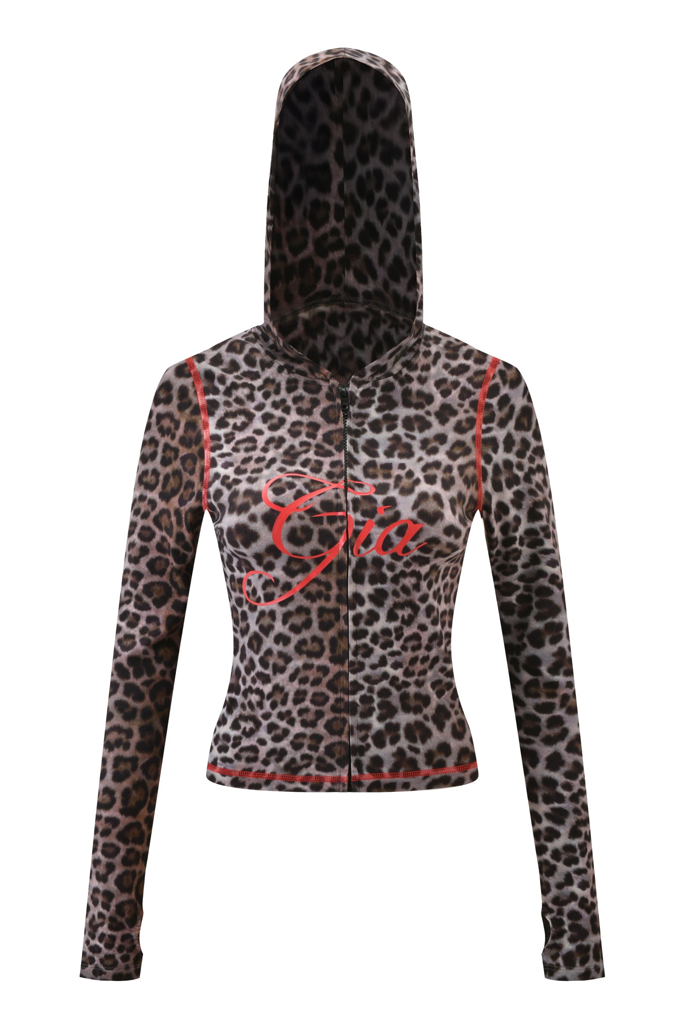 The BLARE HOODIE - DARK LEOPARD by I.AM.GIA features long sleeves, a zip-up front, dark leopard print, red piping on the shoulders, and "Gia" in bold red script across the chest.