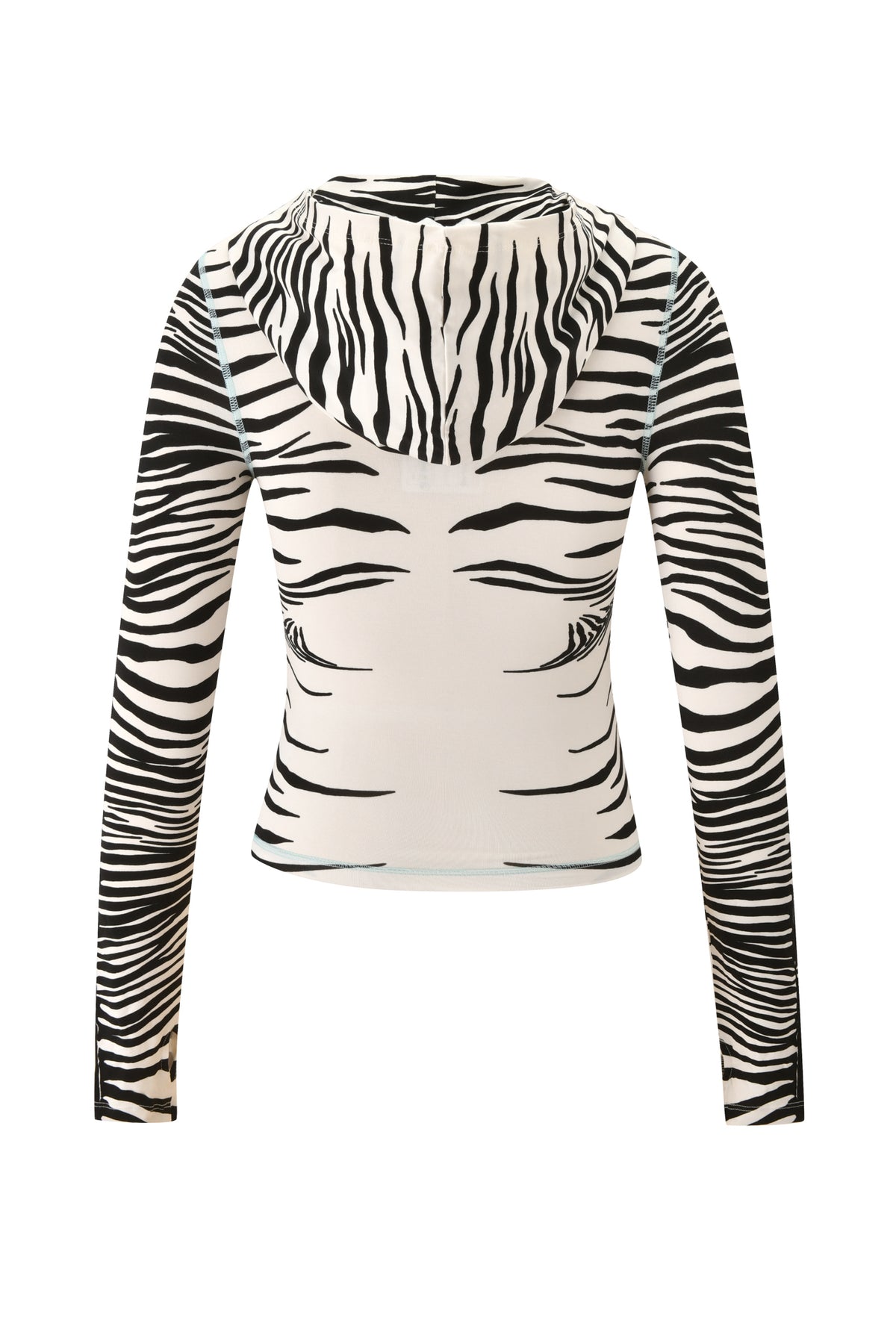 The BLARE HOODIE - FINE LINE ZEBRA by I.AM.GIA is a fitted, long-sleeve hoodie featuring black and white zebra stripes on the sleeves, hood, and upper back. It is shown from the back against a white background.