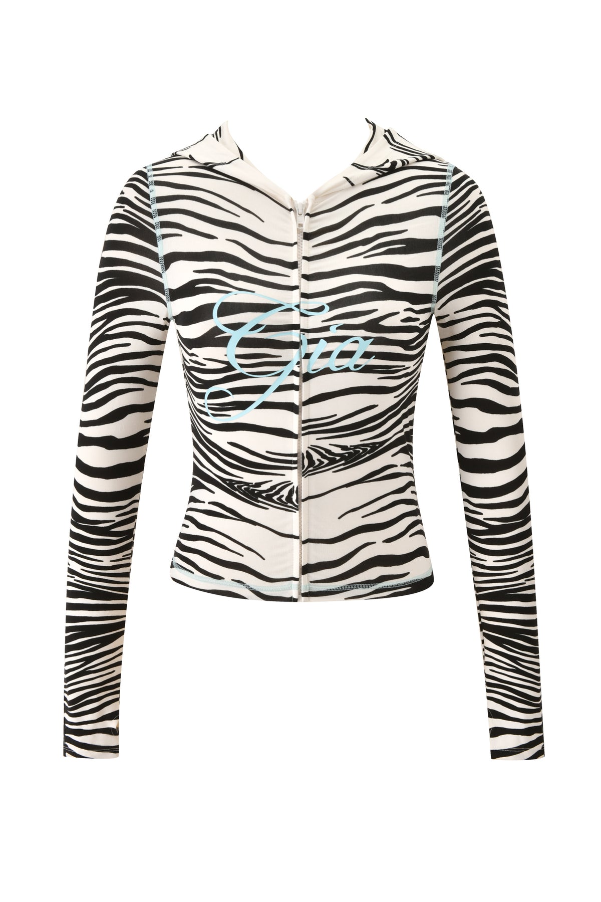 BLARE HOODIE - FINE LINE ZEBRA by I.AM.GIA: A long-sleeve zip-up hoodie featuring an allover fine line zebra print and “Gia” in light blue script across the chest.