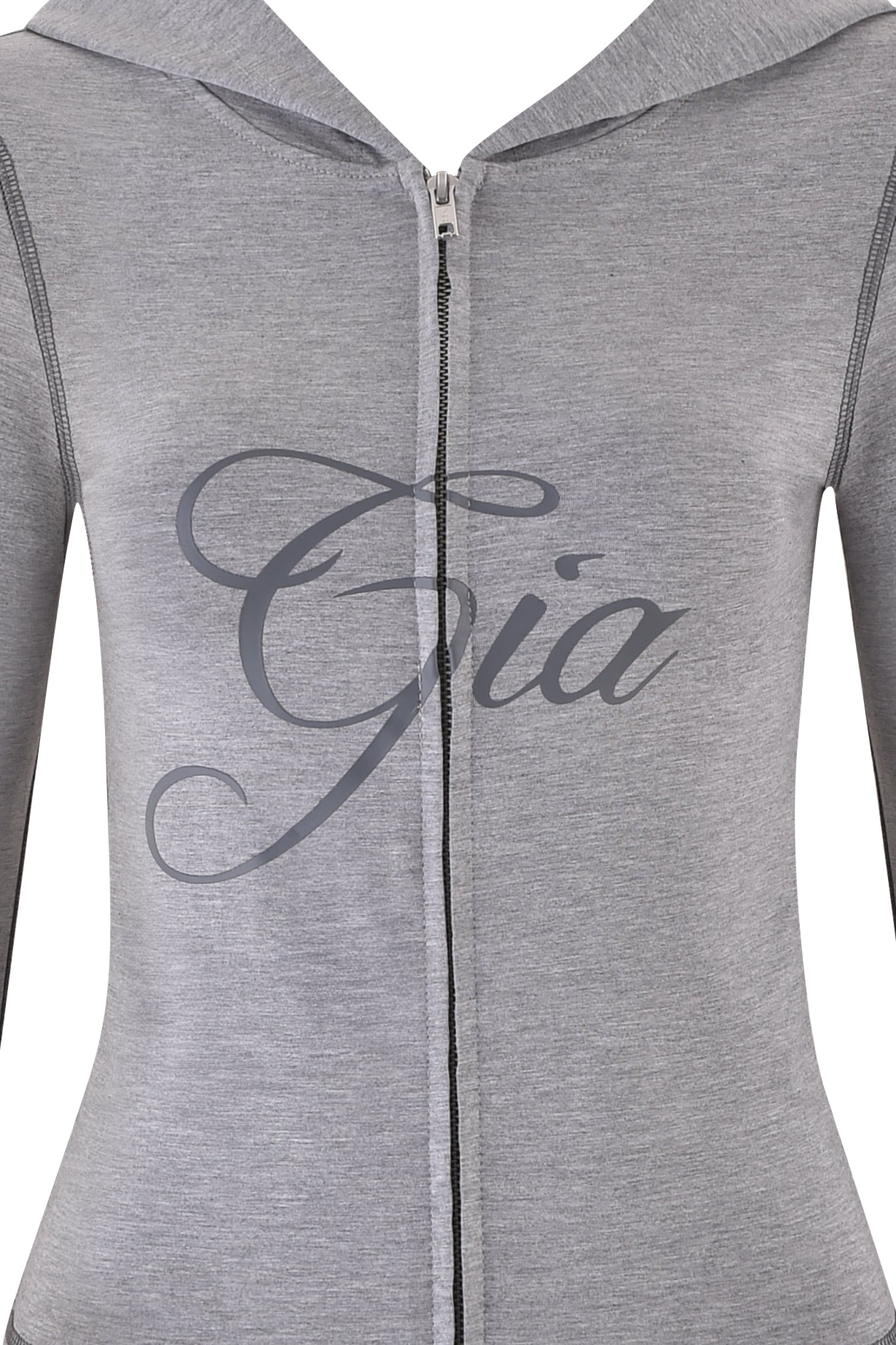 Close-up of the BLARE JERSEY HOODIE in Heather Grey by I.AM.GIA, featuring bold "Gia" script across the chest and showcasing the upper torso section.