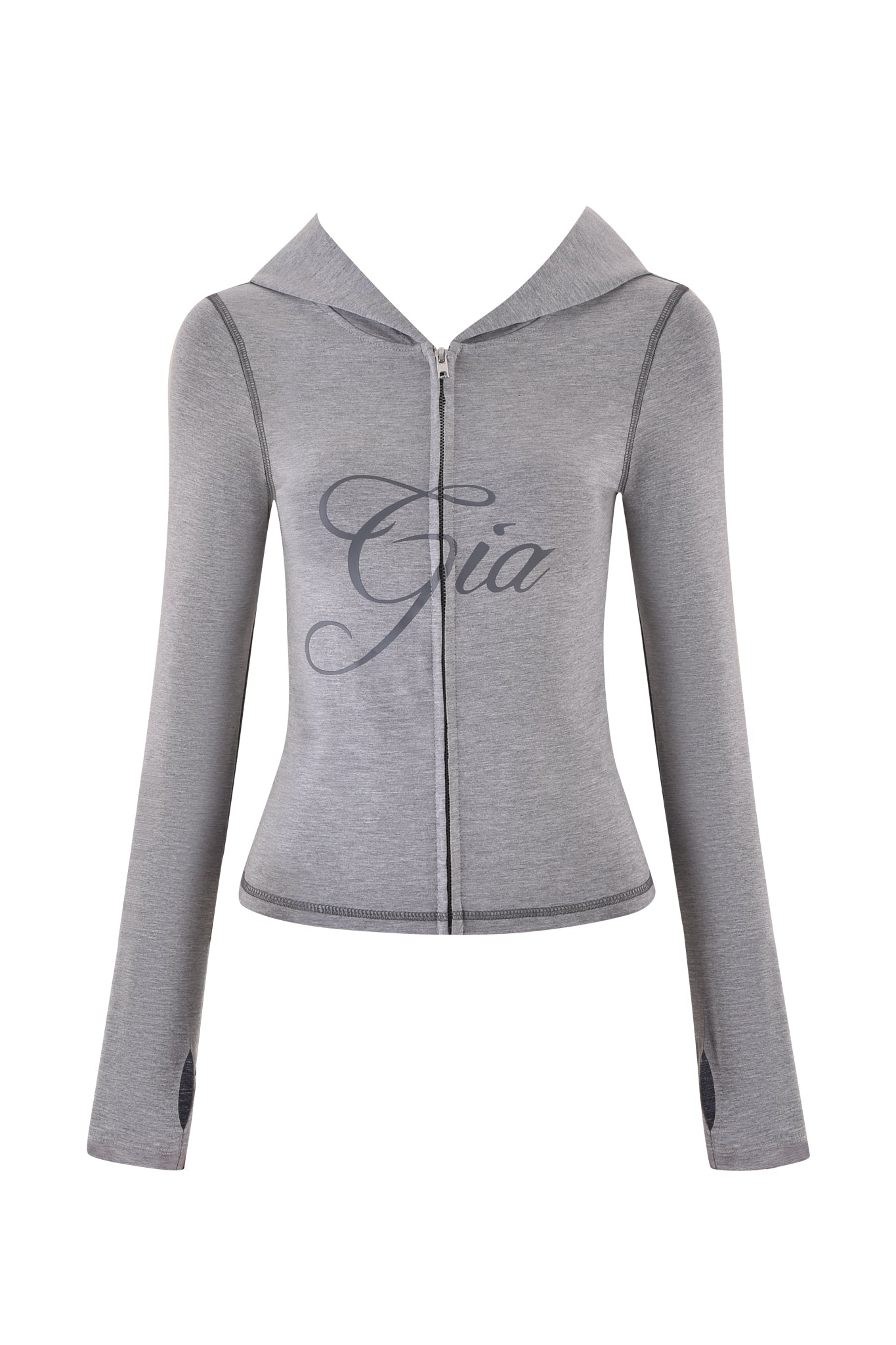 The BLARE JERSEY HOODIE in heather grey by I.AM.GIA features “Gia” in cursive on the chest, dark seam detailing, long sleeves, a zip-up front, and a fitted silhouette for a sleek, modern look.