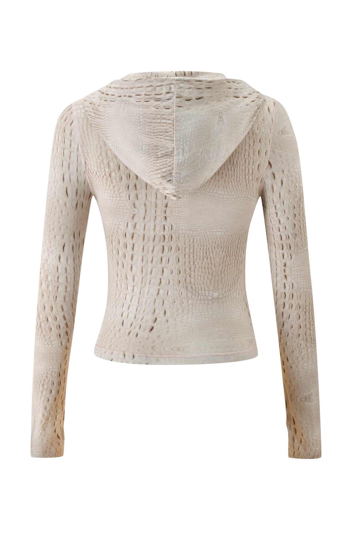 The BLARE HOODIE - HOT CROC by I.AM.GIA is a beige, long-sleeve hoodie featuring a subtle, alligator-inspired Hot Croc textured print. Made from bamboo fabric, the garment is shown from the back against a white background.