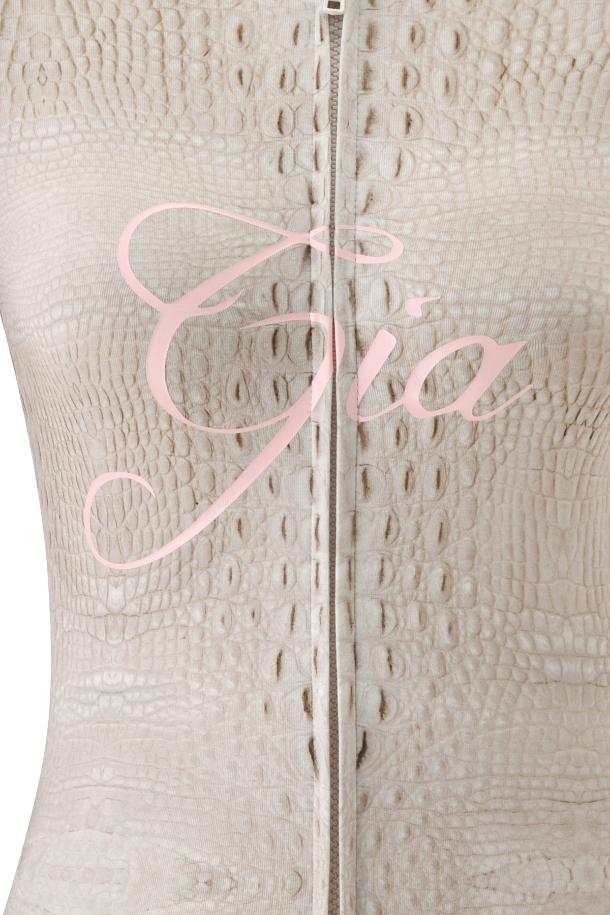 Close-up of the BLARE HOODIE - HOT CROC by I.AM.GIA, featuring textured beige faux crocodile skin with a bold Hot Croc print, a central vertical zipper, and “I.AM.GIA” in pink script across the surface.