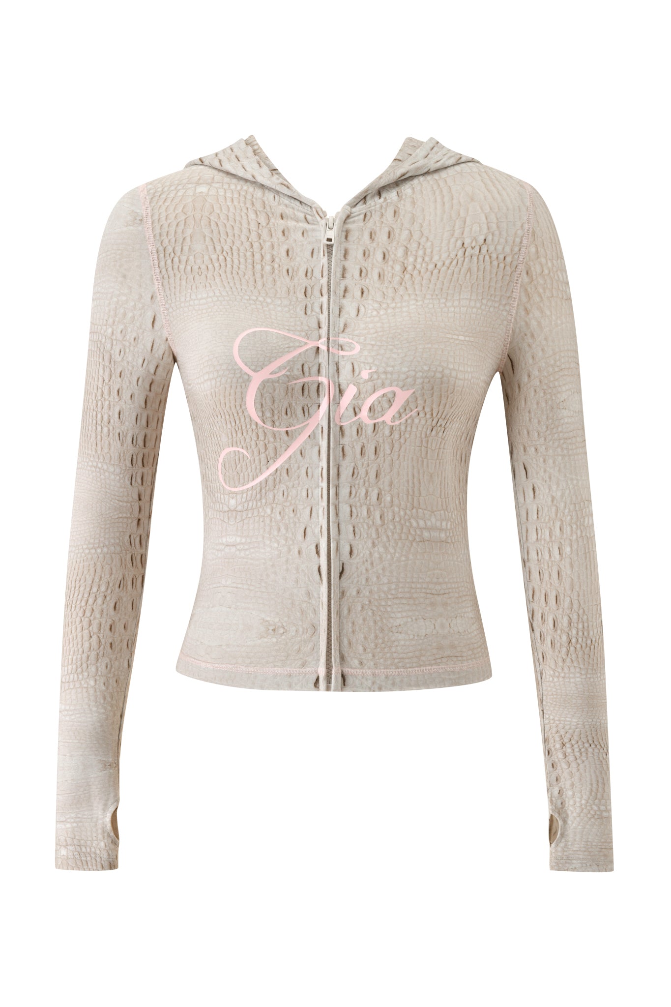 The BLARE HOODIE - HOT CROC by I.AM.GIA is a beige, textured zip-up hoodie crafted from soft bamboo fabrication, featuring long sleeves and the word “Gia” written in pink cursive on the front.
