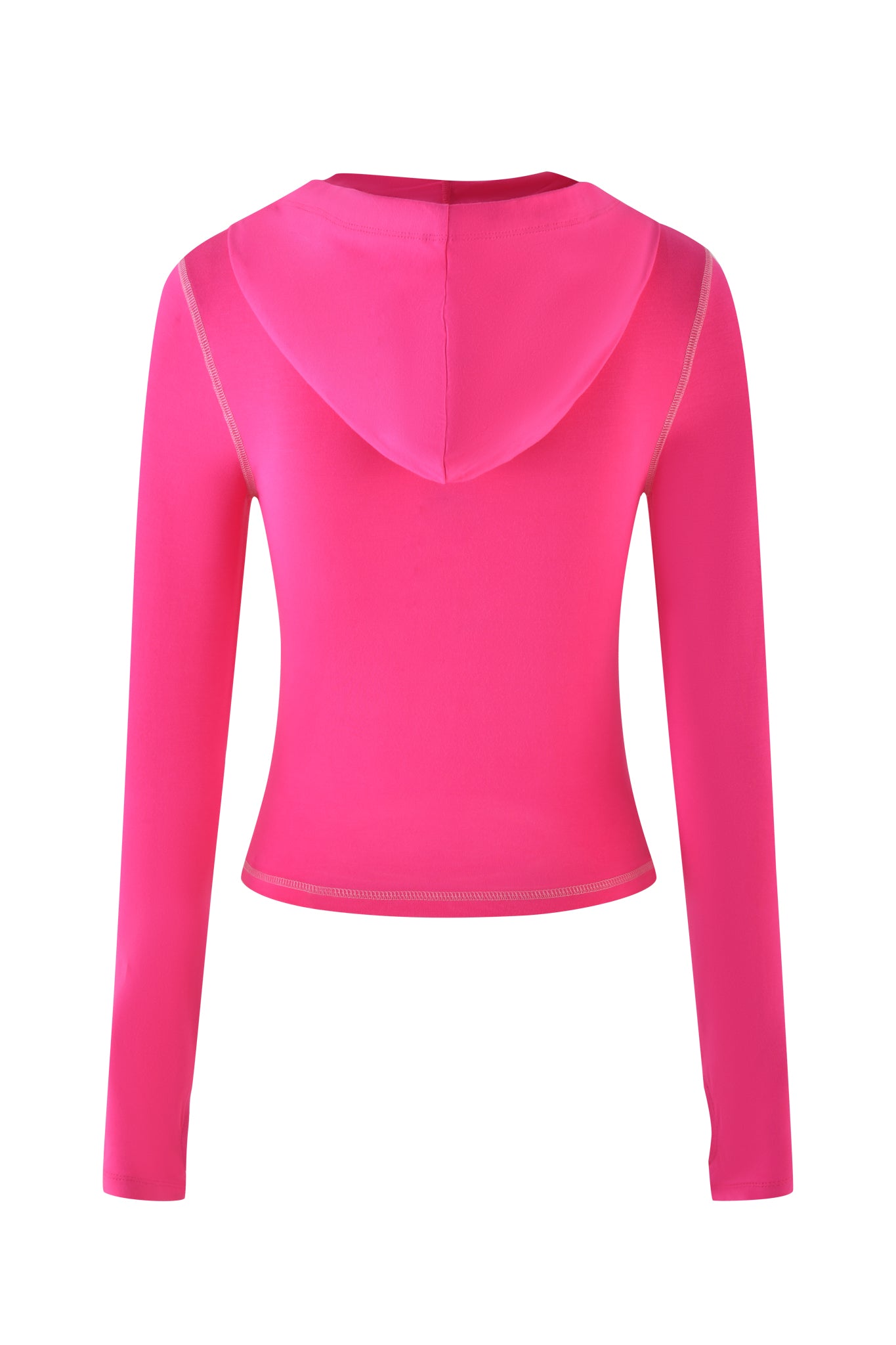 The I.AM.GIA BLARE HOODIE in hot pink is displayed from the back, highlighting its smooth fabric and bodycon fit.