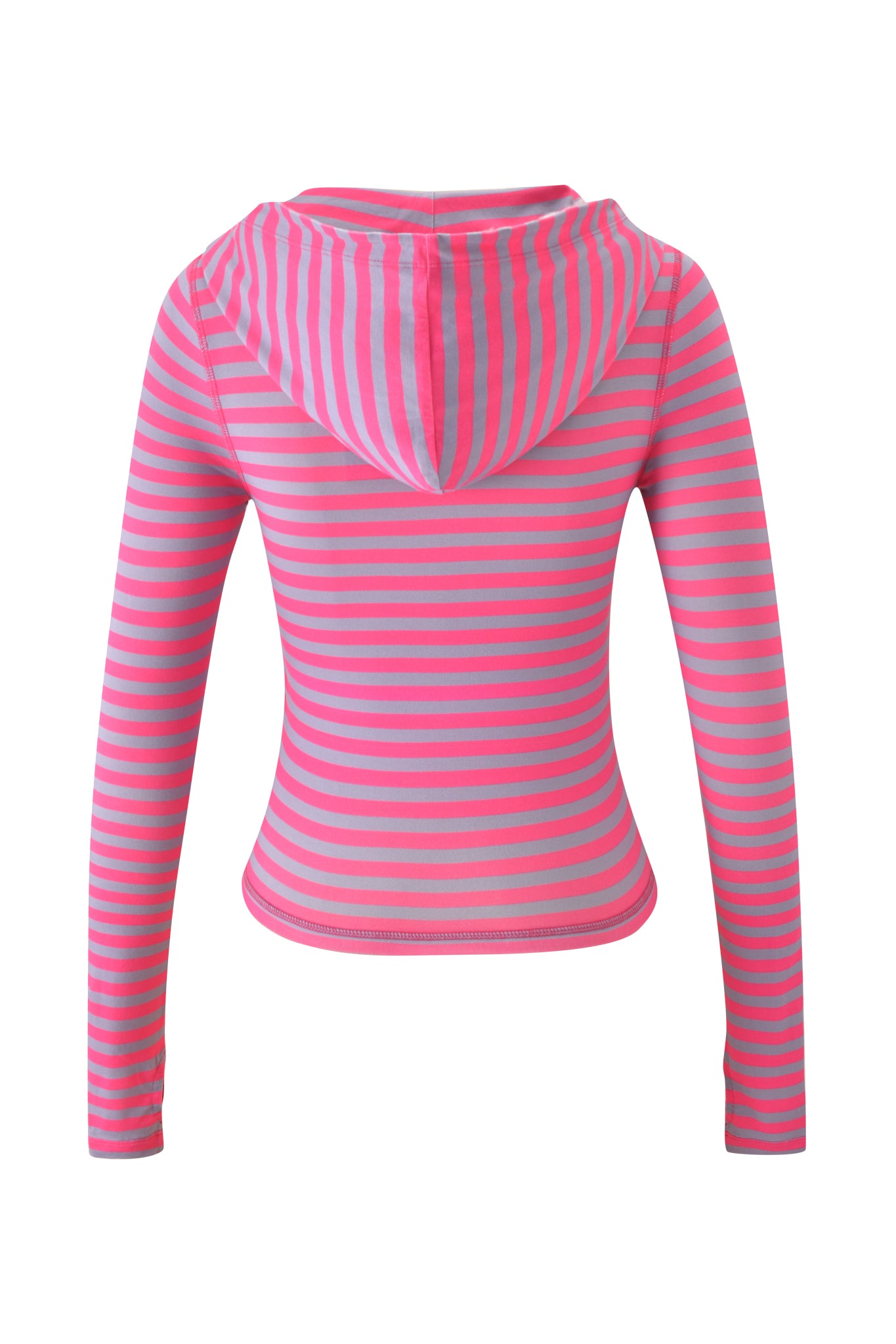 The I.AM.GIA BLARE HOODIE - HOT PINK STRIPE features long sleeves and horizontal pink and light blue stripes, displayed from the back on a white background.