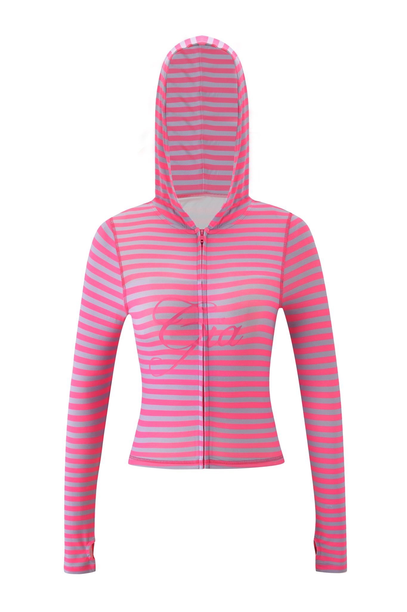 The BLARE HOODIE - HOT PINK STRIPE by I.AM.GIA is a long-sleeve, zip-up hoodie with pink and gray horizontal stripes, a fitted silhouette, and "Gia" in script across the chest.