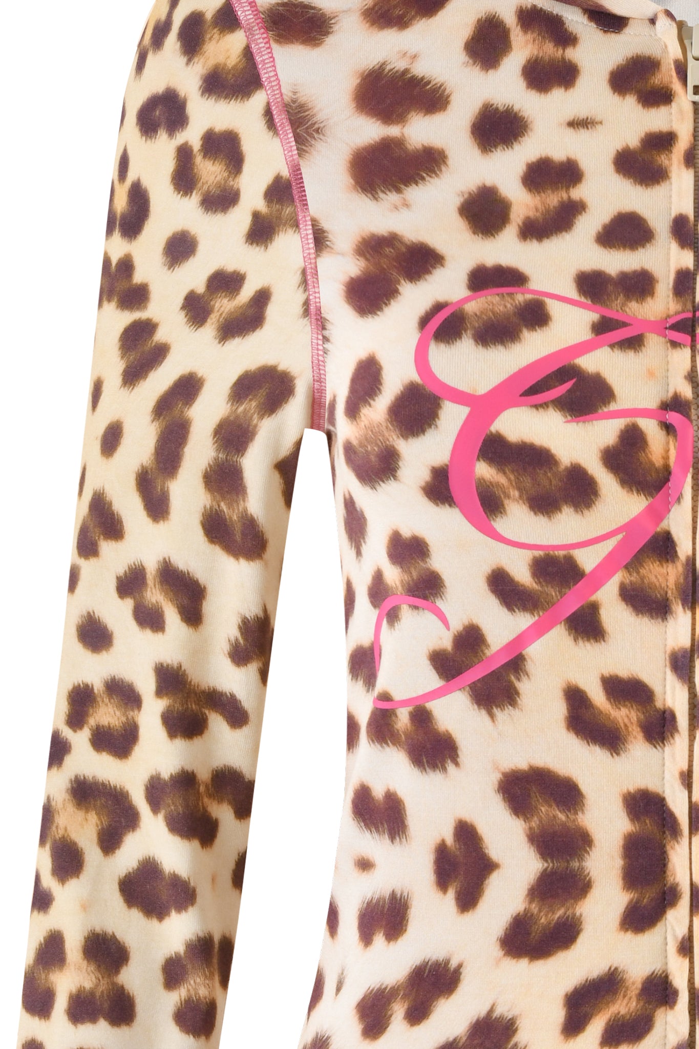 Close-up of the BLARE HOODIE - NEUTRAL : LEOPARD : WILD CARD by I.AM.GIA, showcasing a custom leopard print pattern with shades of brown and black on a beige background. The fabric has a smooth texture and features a pink design element with a curled line, likely part of the logo or decoration. The bodycon silhouette zipper is partially visible.