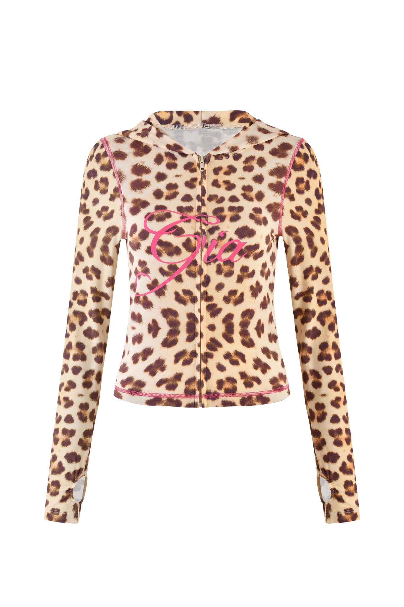 A stylish long-sleeve BLARE HOODIE - NEUTRAL : LEOPARD : WILD CARD from I.AM.GIA, featuring a custom leopard print design, a zip-up front, and thumb holes at the cuffs. This crop top showcases a bodycon silhouette with pink trim around the edges and "Gia" elegantly written in pink cursive letters across the chest.